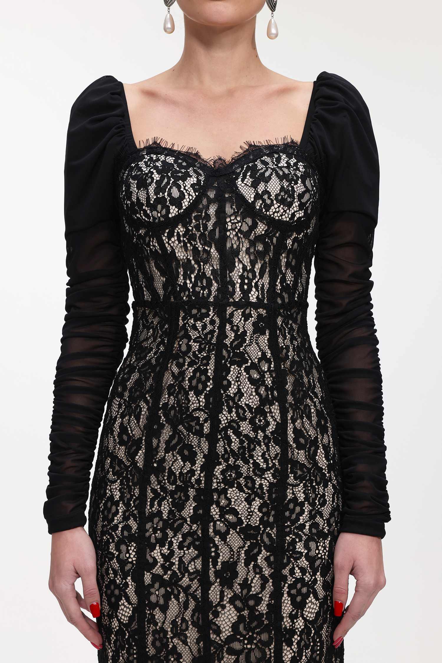 Fenby Contour Long Sleeve Ruched Lace Maxi Dress