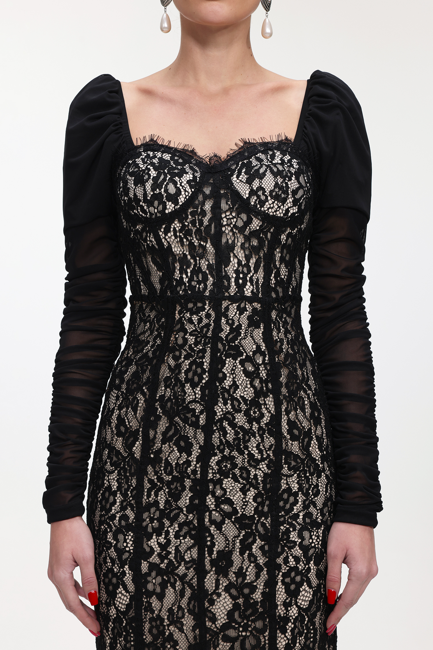 Fenby Contour Long Sleeve Ruched Lace Maxi Dress