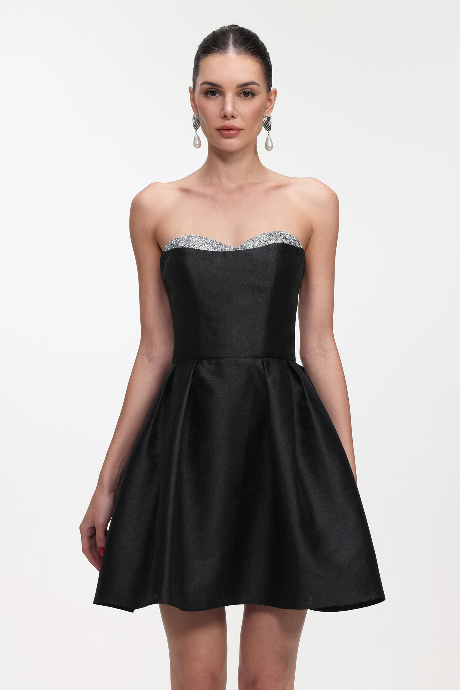 Quinta Classic Tailored Strapless Glitter Woven Mini Dress