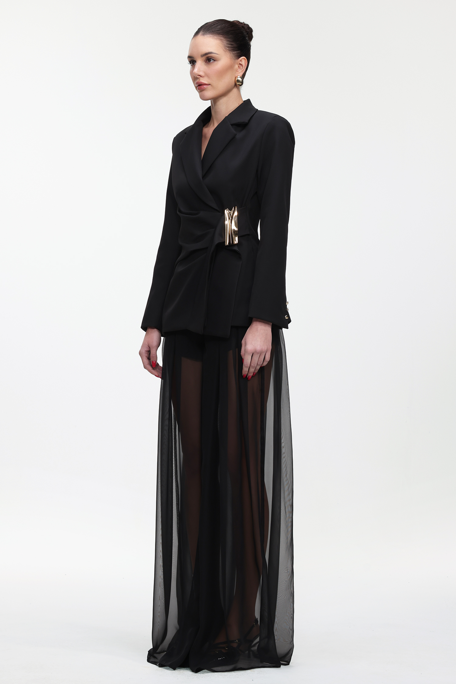 Kerade Classic Tailored Long Sleeve Pleated Metal Buckle Blazer