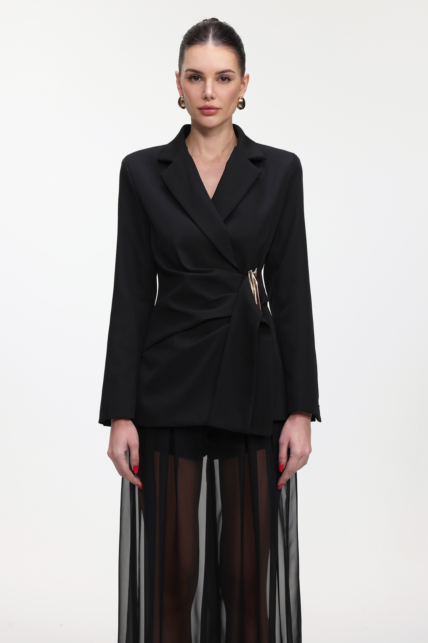 Kerade Classic Tailored Long Sleeve Pleated Metal Buckle Blazer