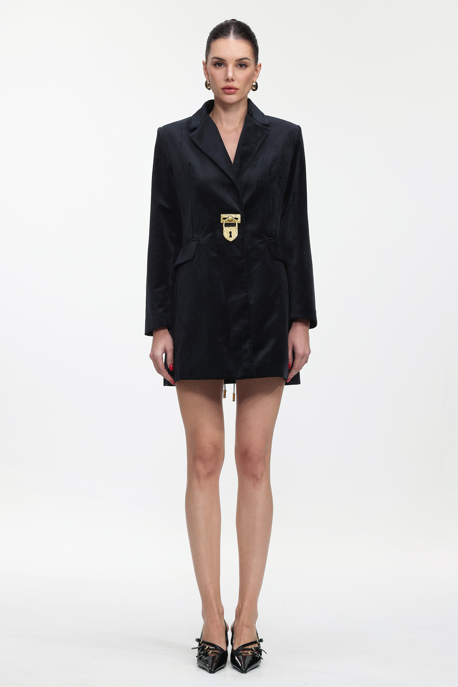 Fanya Classic Tailored Long Sleeve Golden Lock Velvet Blazer