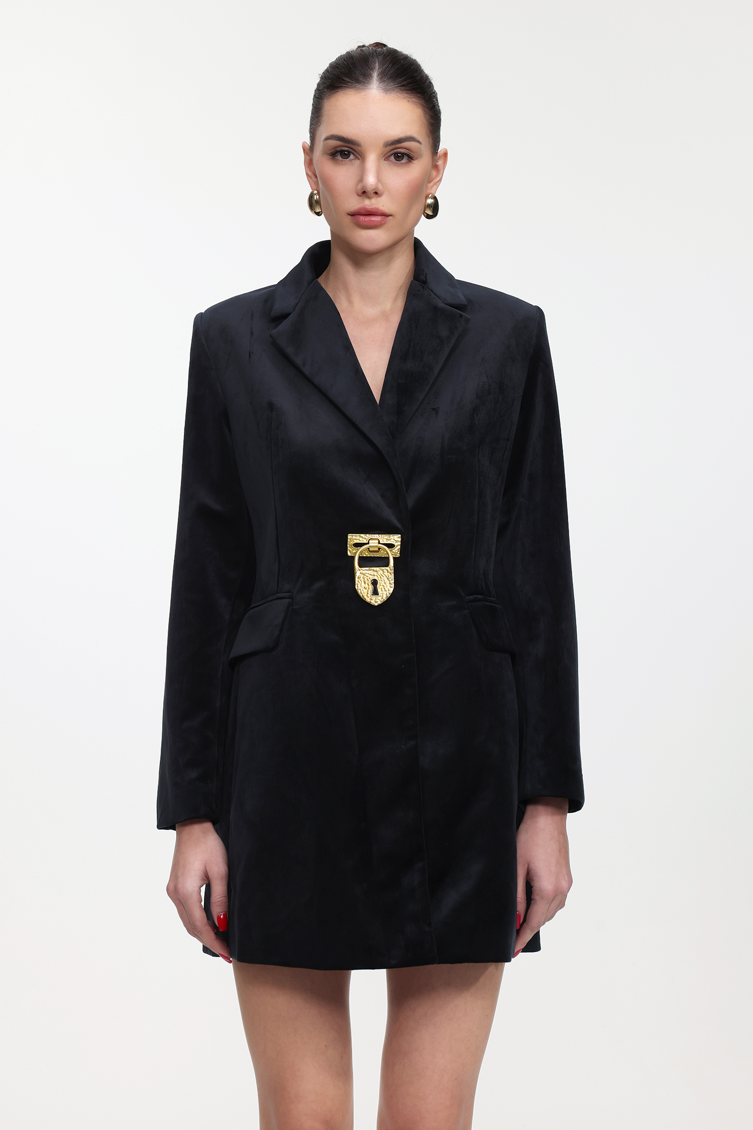 Fanya Classic Tailored Long Sleeve Golden Lock Velvet Blazer