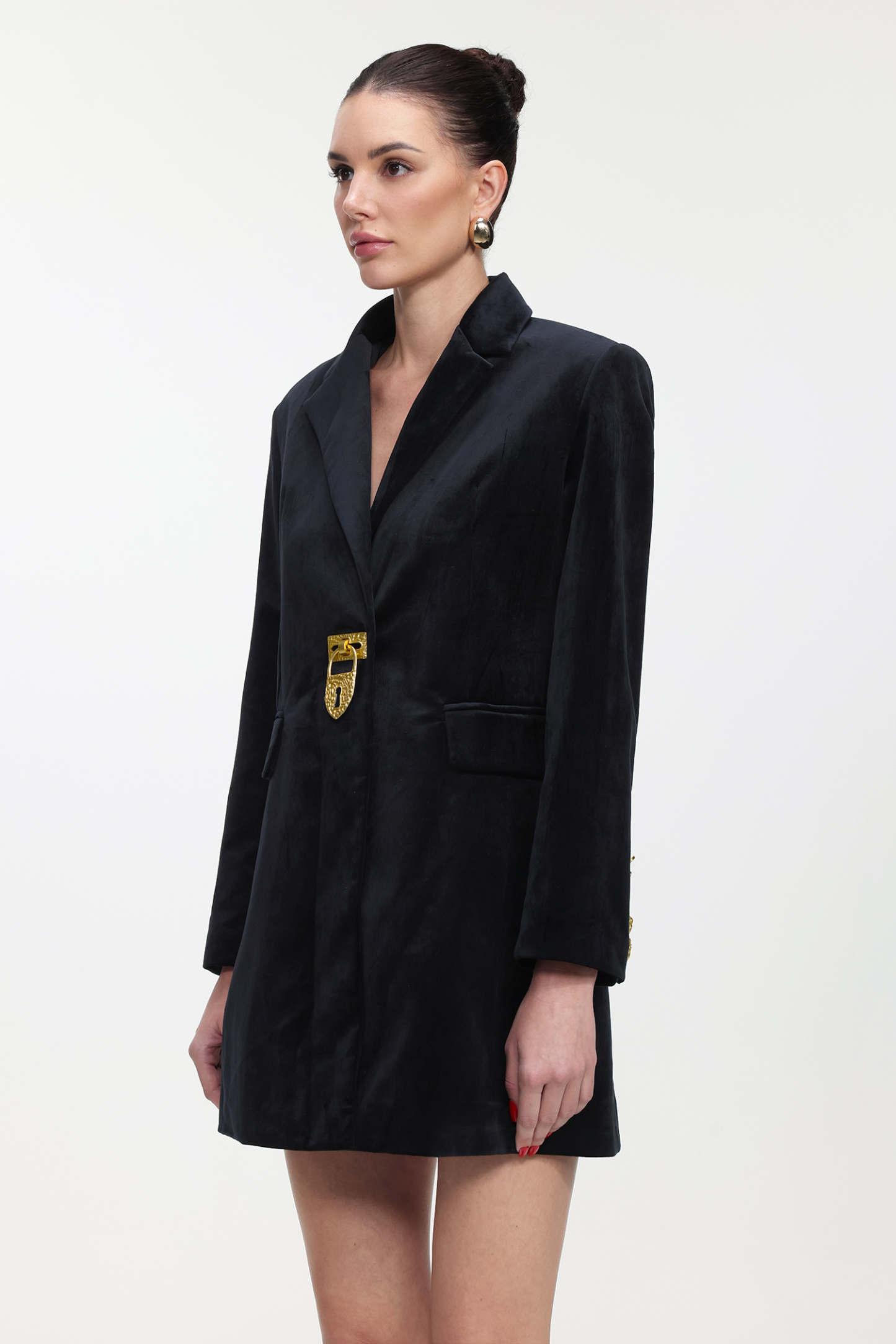 Fanya Classic Tailored Long Sleeve Golden Lock Velvet Blazer