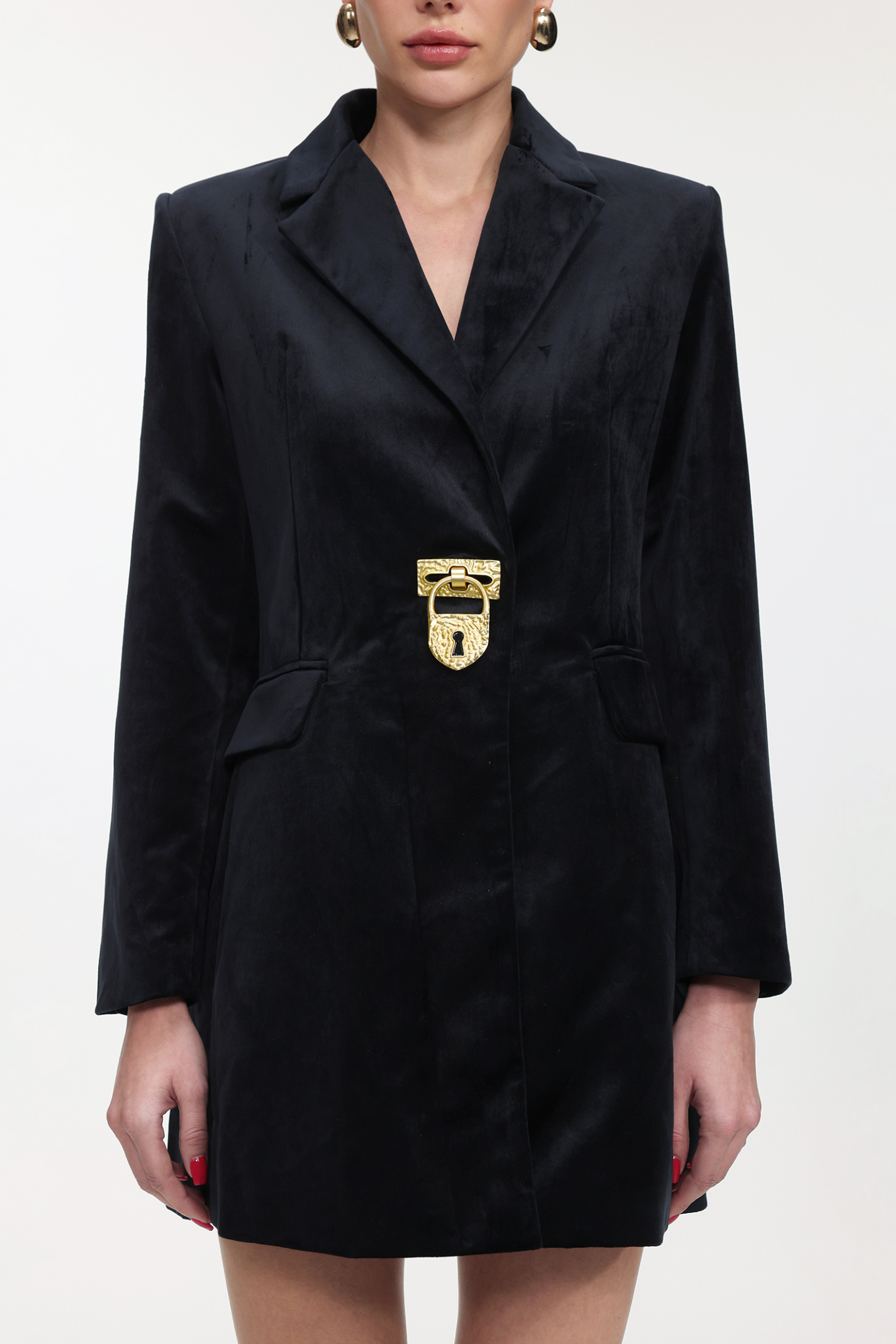 Fanya Classic Tailored Long Sleeve Golden Lock Velvet Blazer