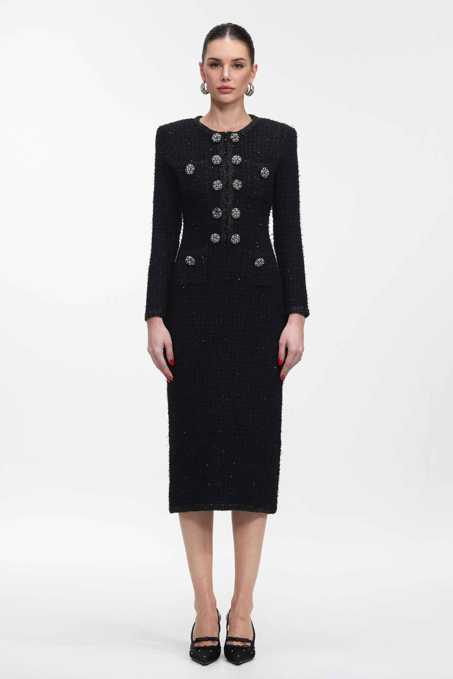 Tadita Glamorous Tailored Long Sleeve Tweed Maxi Dress