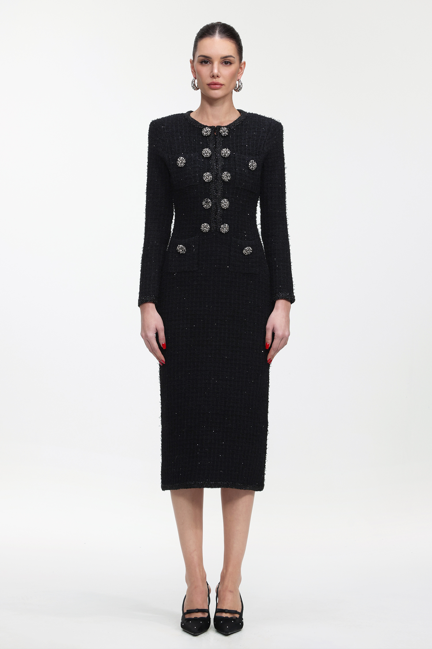 Tadita Glamorous Tailored Long Sleeve Tweed Maxi Dress