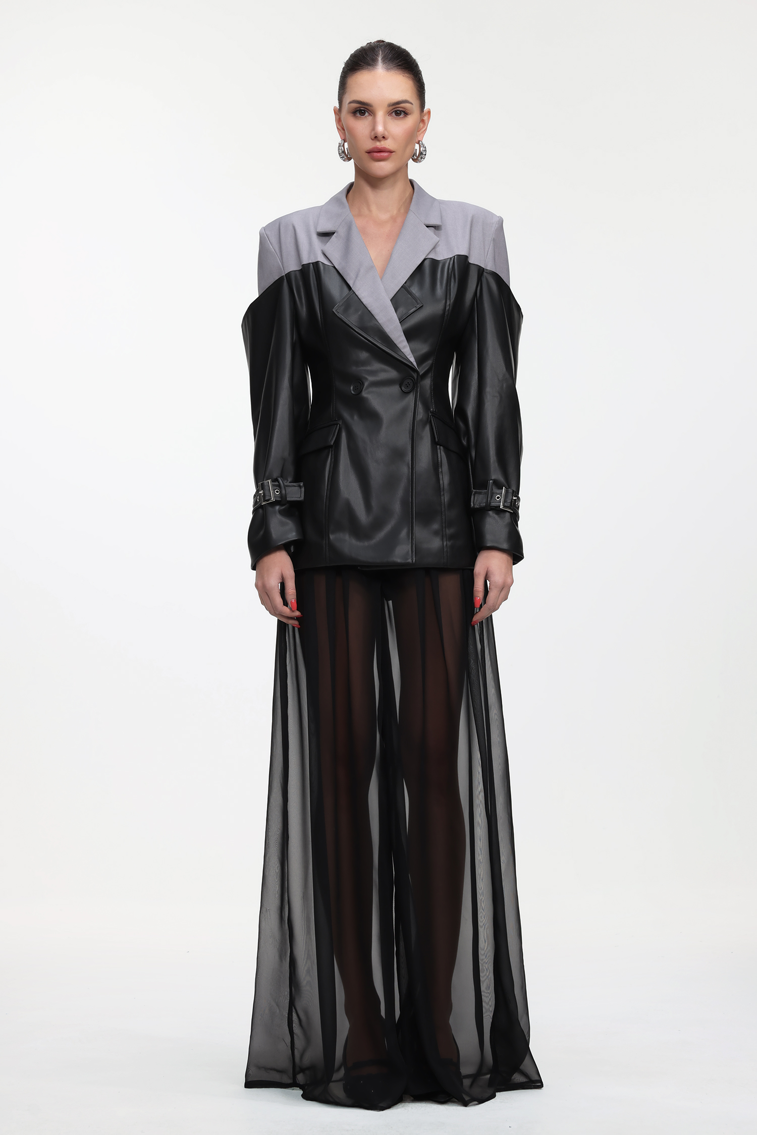 Dolcie Chic Tailored Long Sleeve Faux Leather Patchwork Blazer