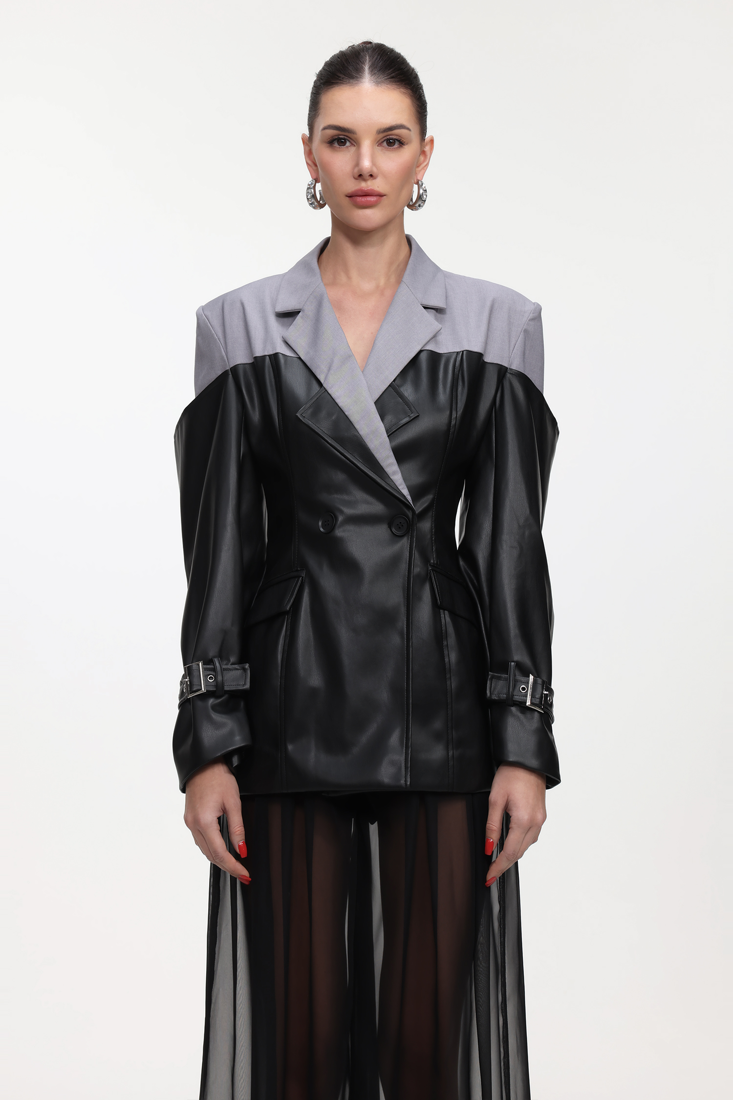 Dolcie Chic Tailored Long Sleeve Faux Leather Patchwork Blazer