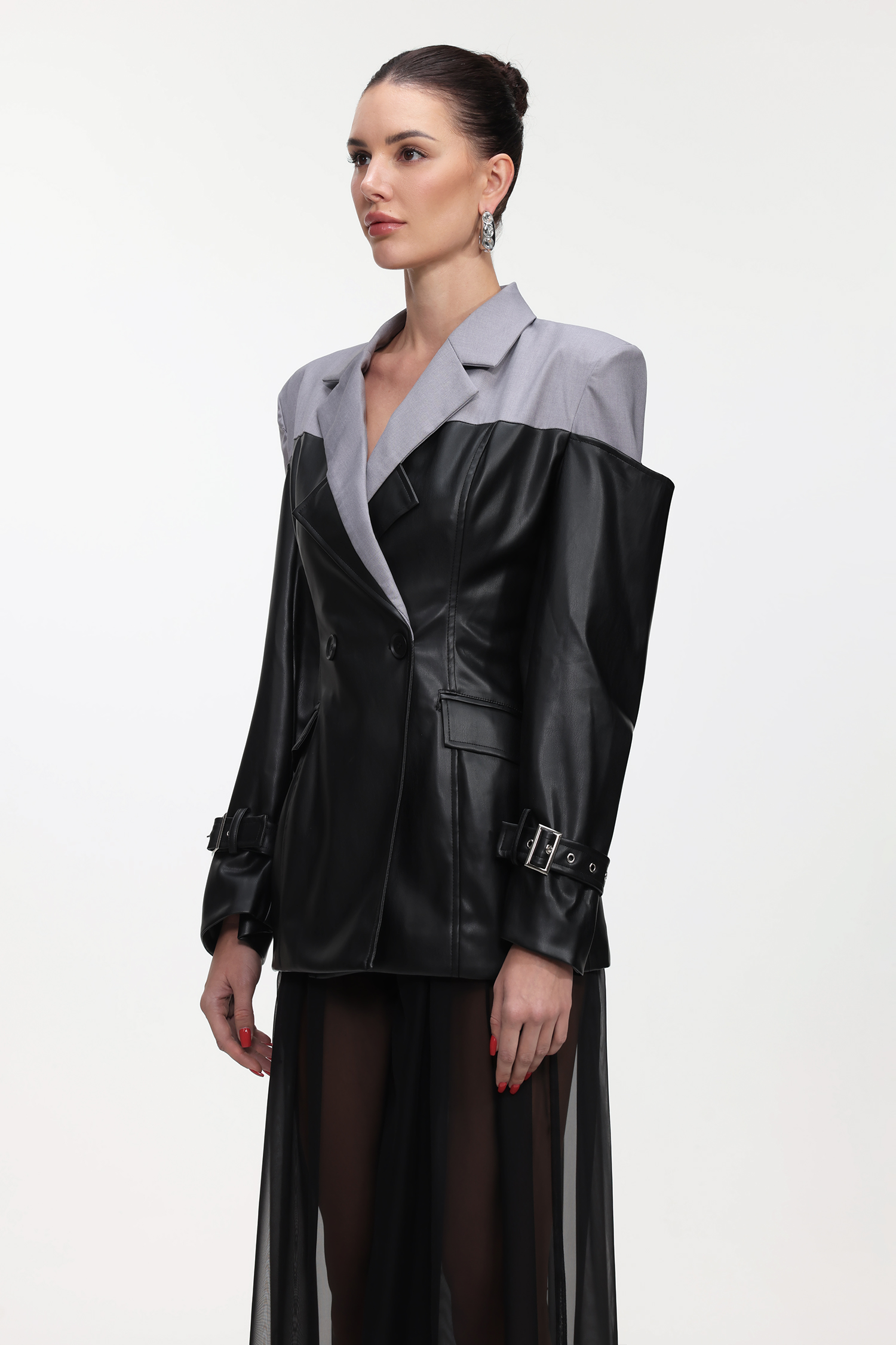 Dolcie Chic Tailored Long Sleeve Faux Leather Patchwork Blazer