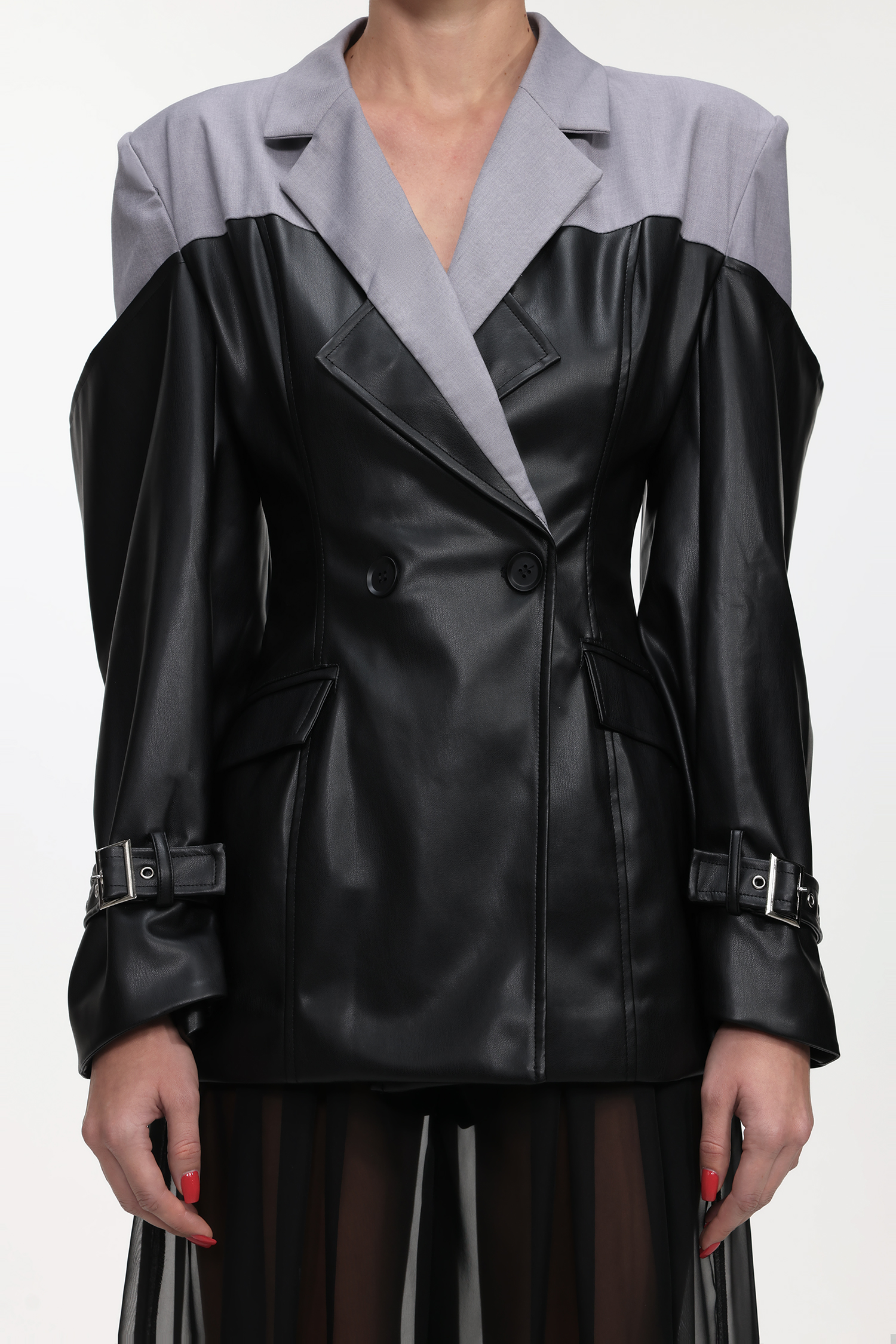 Dolcie Chic Tailored Long Sleeve Faux Leather Patchwork Blazer