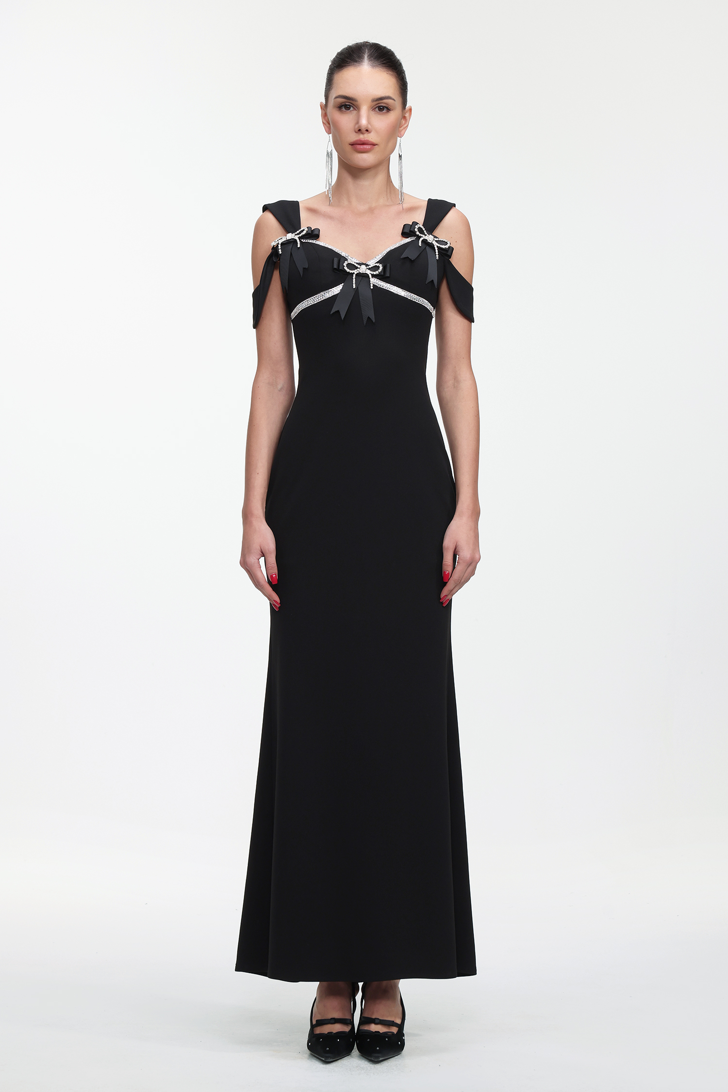 Faran Romantic Tailored Sleeveless Bow Rhinestone Maxi Dress
