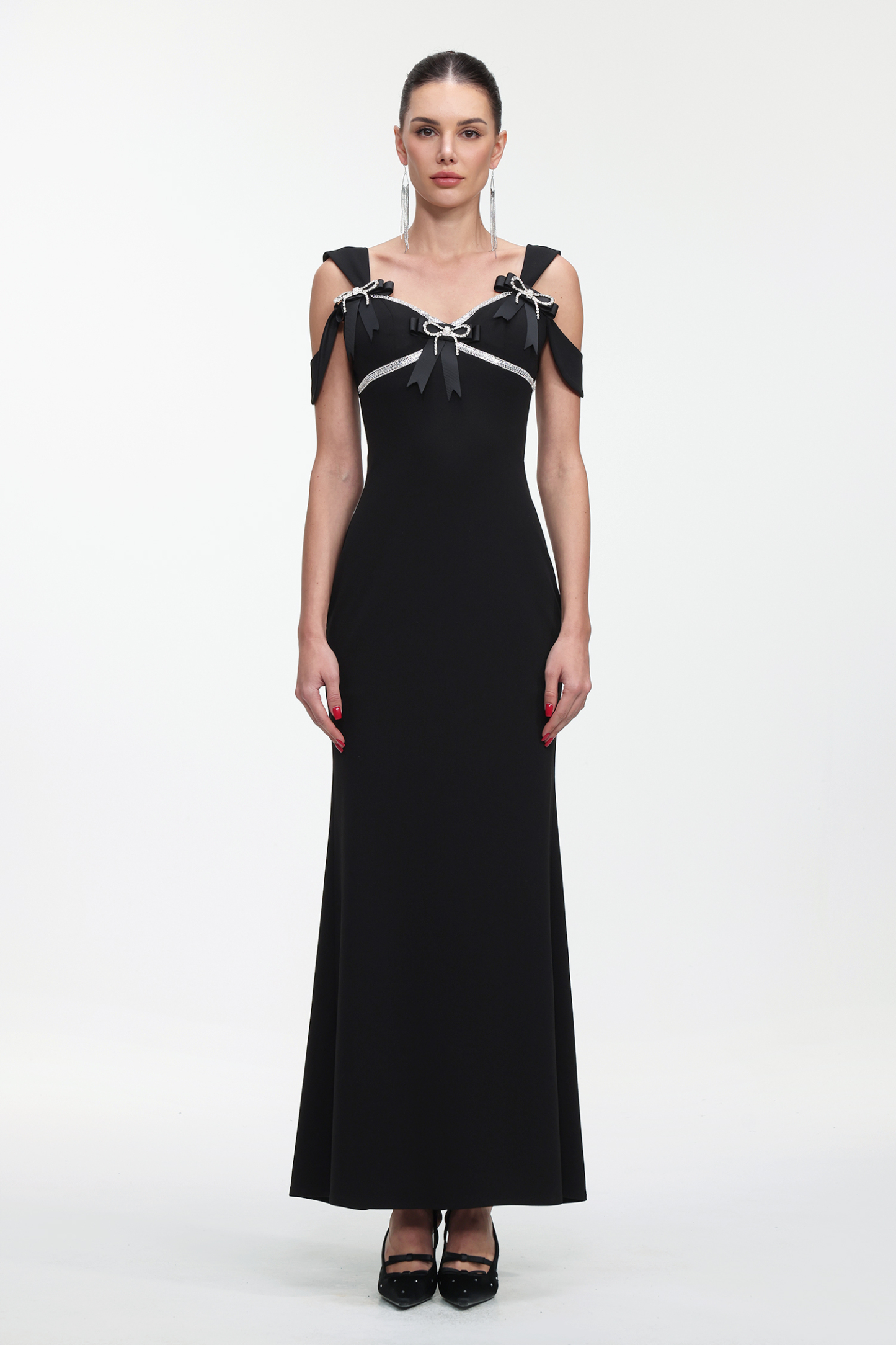 Faran Romantic Tailored Sleeveless Bow Rhinestone Maxi Dress