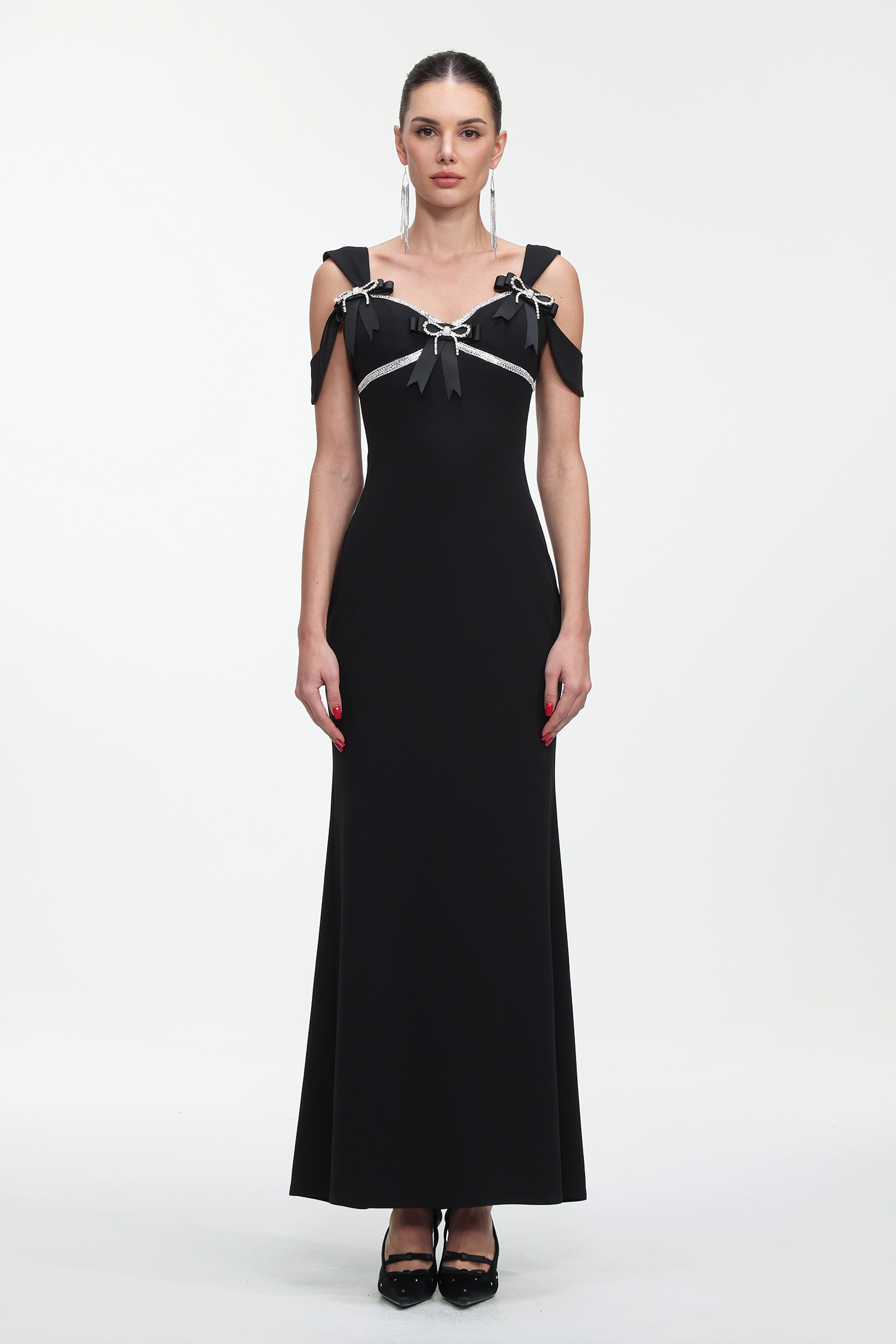 Faran Romantic Tailored Sleeveless Bow Rhinestone Maxi Dress