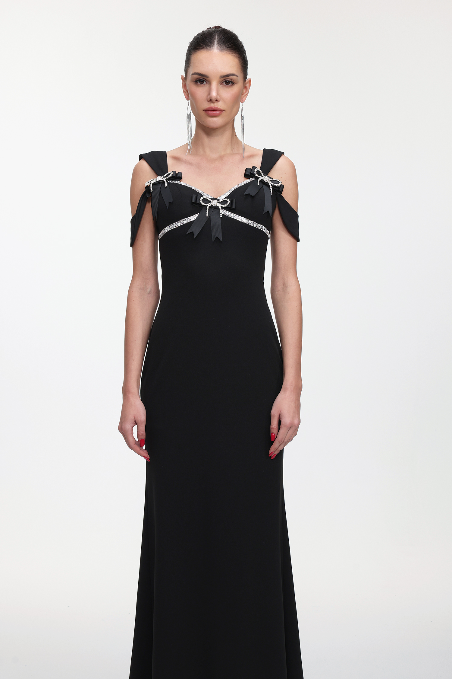Faran Romantic Tailored Sleeveless Bow Rhinestone Maxi Dress