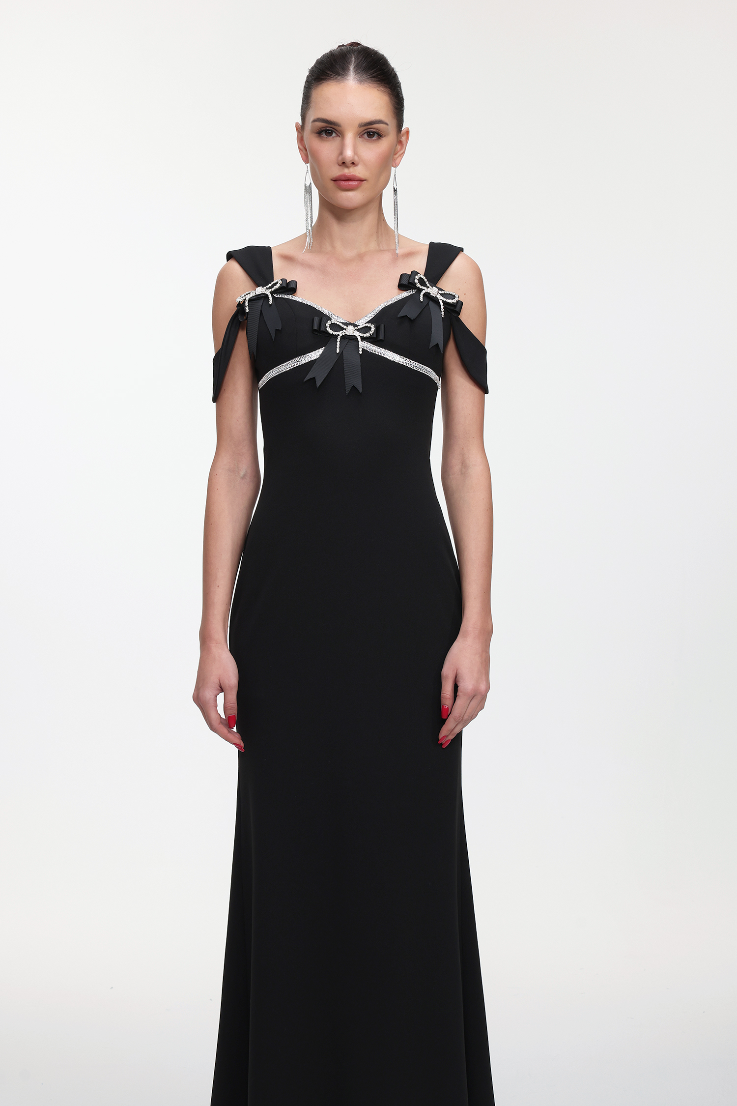 Faran Romantic Tailored Sleeveless Bow Rhinestone Maxi Dress