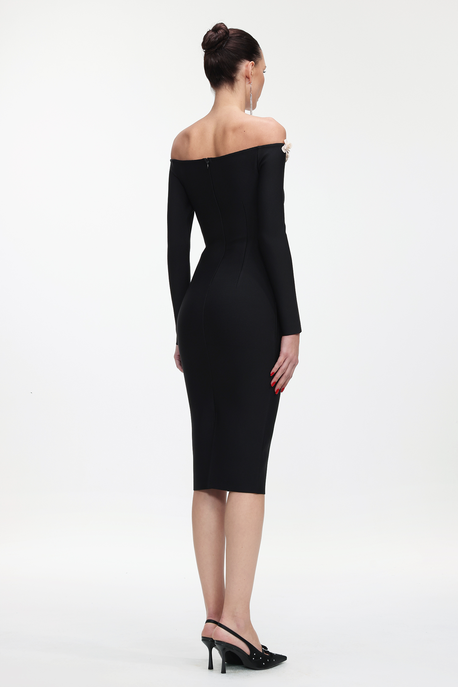 Priscilla Classic Contour Off Shoulder Long Sleeve Bandage Midi Dress