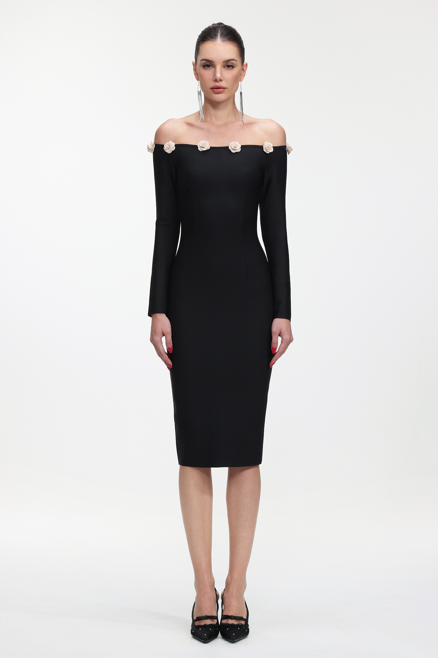 Priscilla Classic Contour Off Shoulder Long Sleeve Bandage Midi Dress