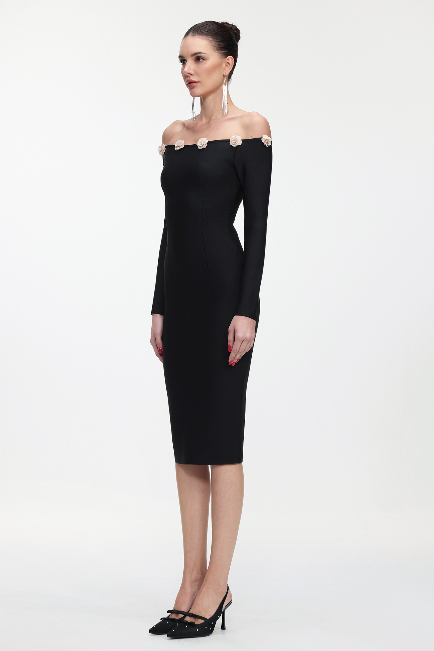 Priscilla Classic Contour Off Shoulder Long Sleeve Bandage Midi Dress