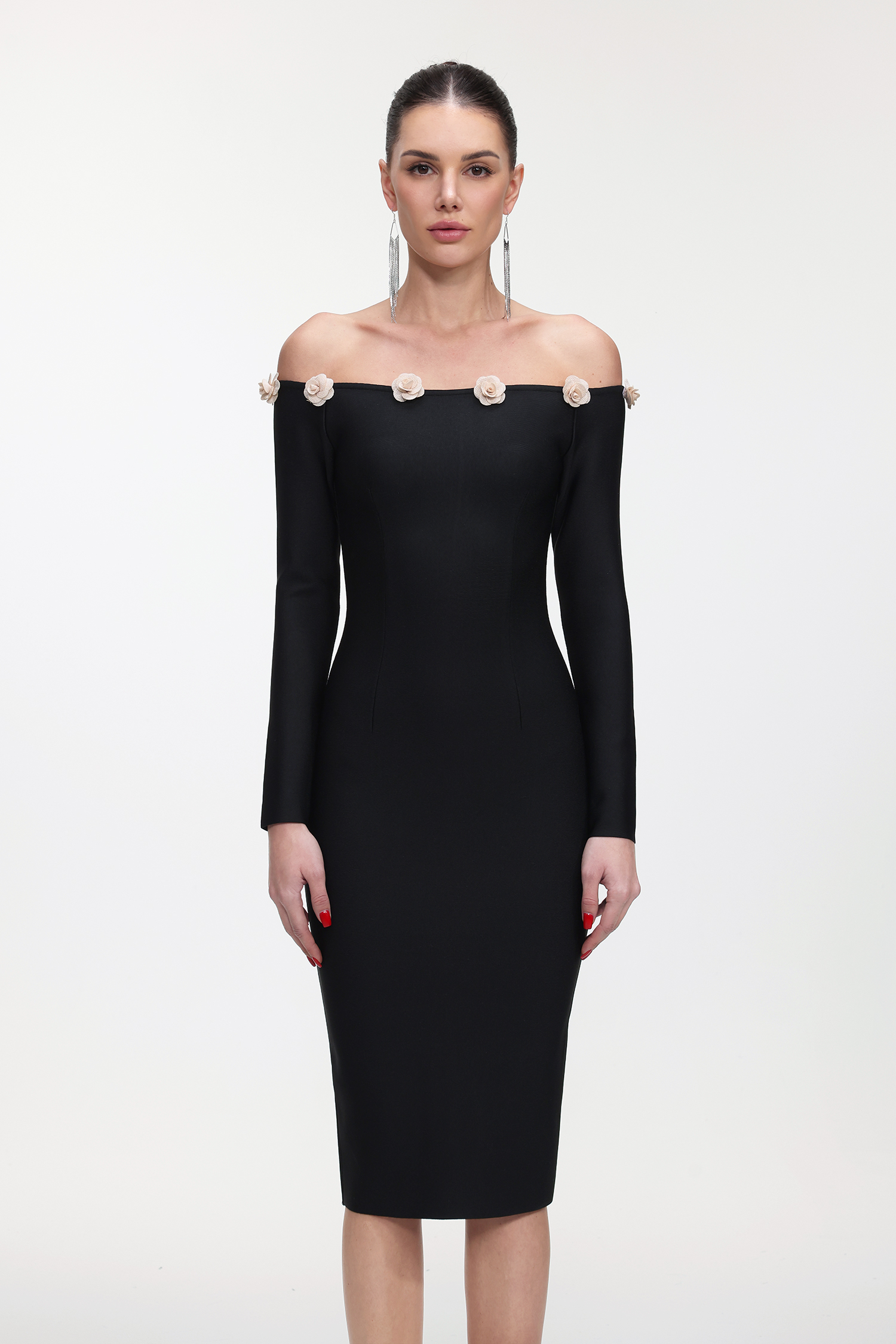 Priscilla Classic Contour Off Shoulder Long Sleeve Bandage Midi Dress