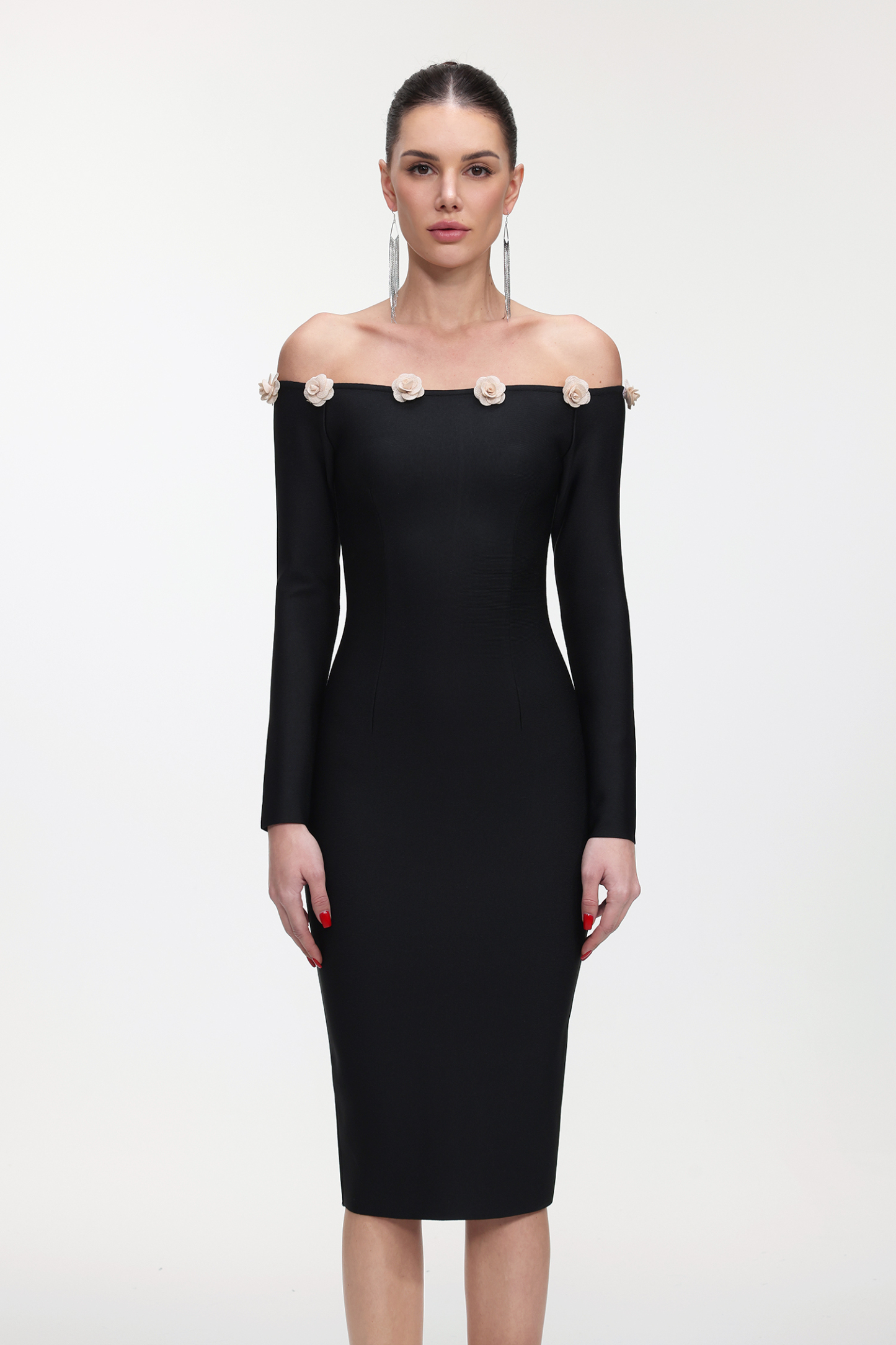 Priscilla Classic Contour Off Shoulder Long Sleeve Bandage Midi Dress