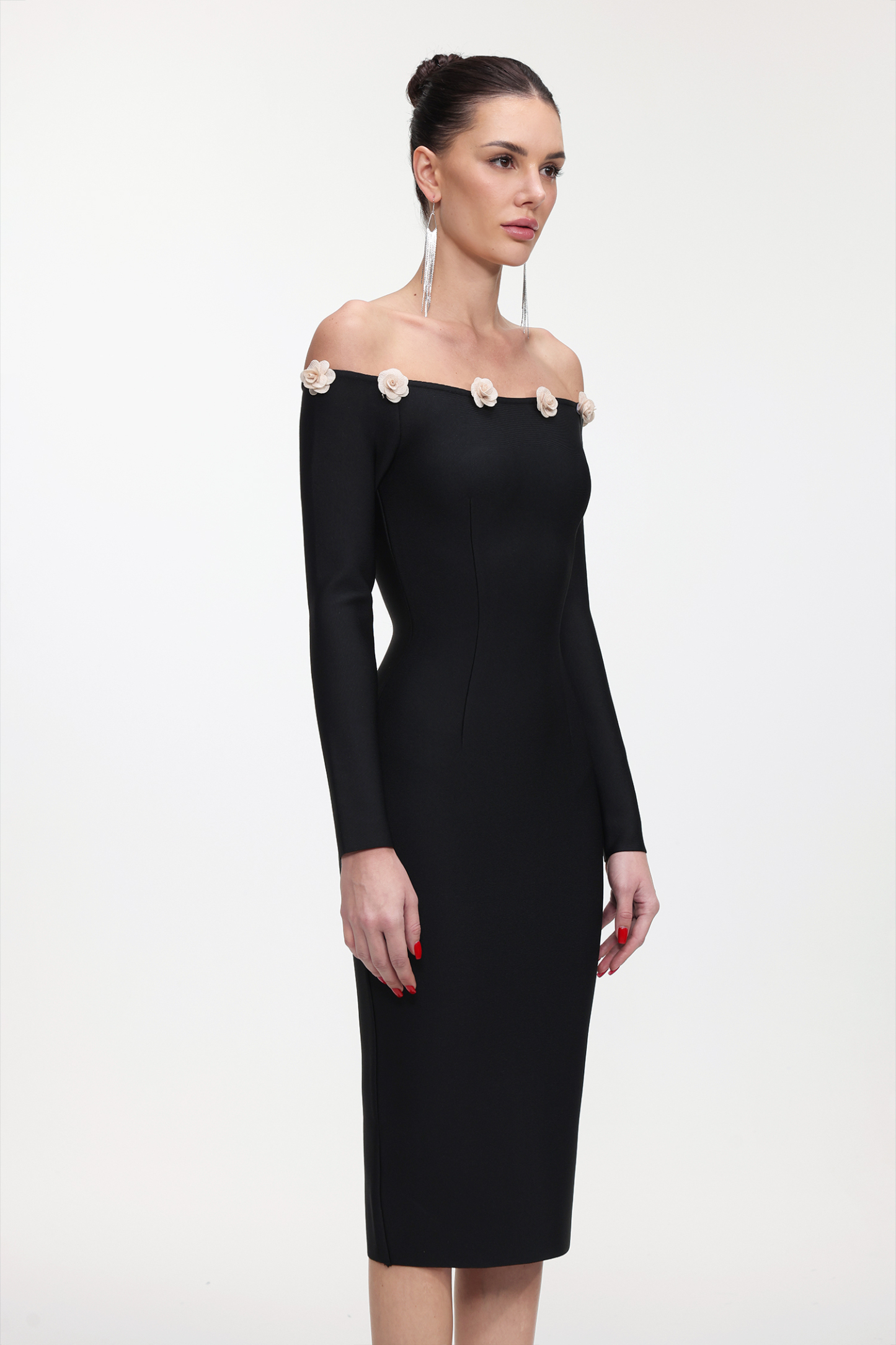 Priscilla Classic Contour Off Shoulder Long Sleeve Bandage Midi Dress