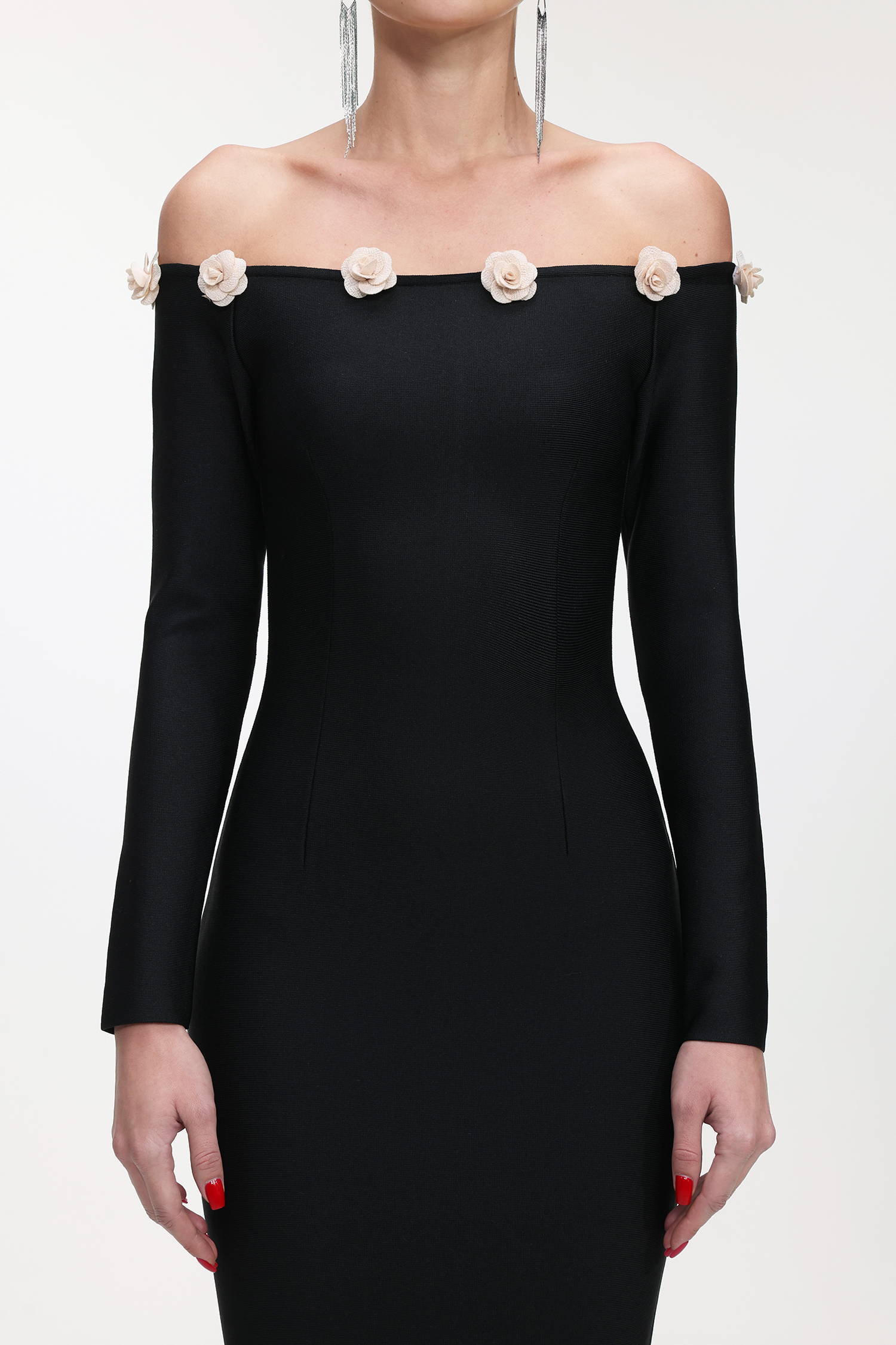 Priscilla Classic Contour Off Shoulder Long Sleeve Bandage Midi Dress