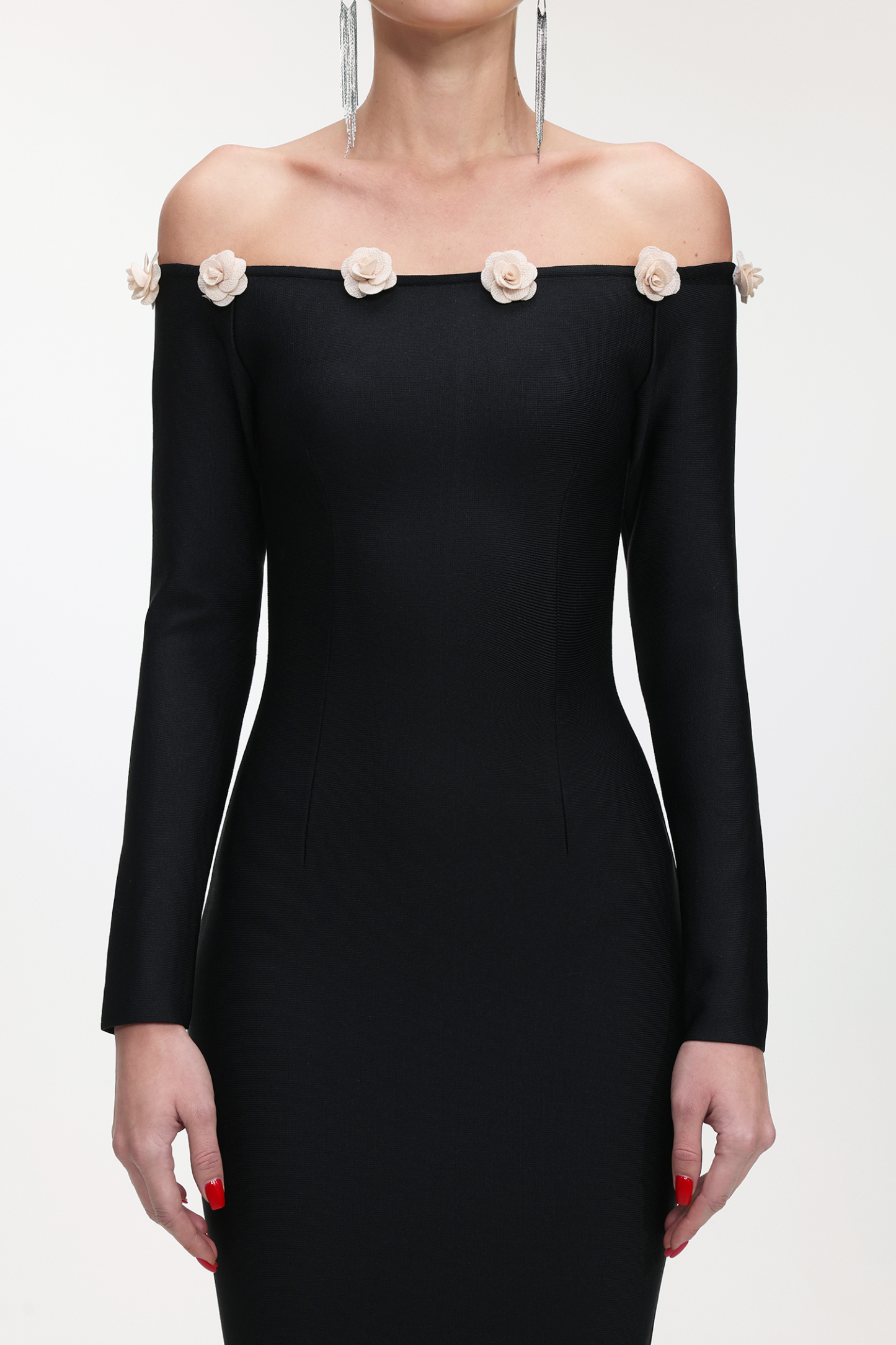 Priscilla Classic Contour Off Shoulder Long Sleeve Bandage Midi Dress