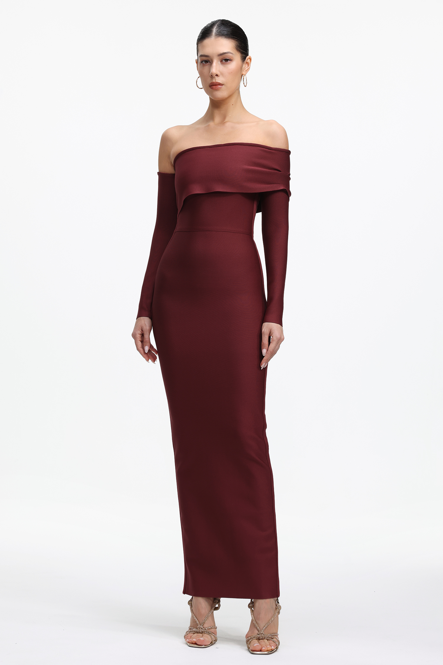 Renaa Elegant Contour Off Shoulder Long Sleeve Bandage Maxi Dress