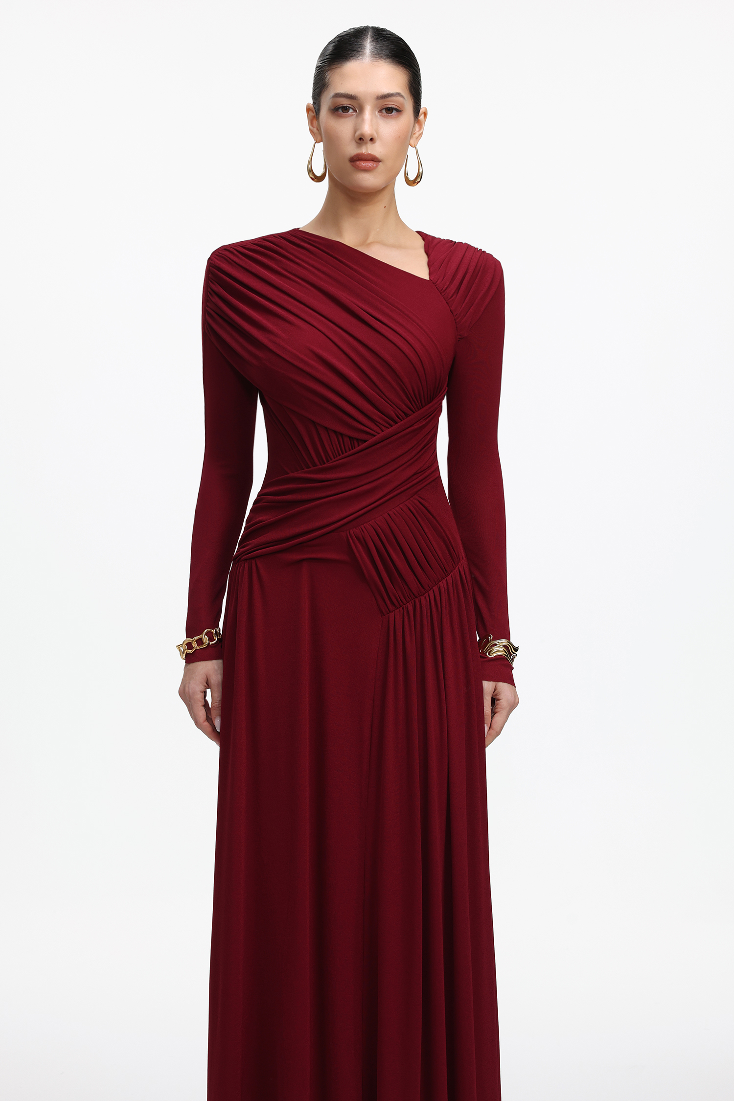 Elsie Elegant Contour Long Sleeve Ruched Knit Maxi Dress