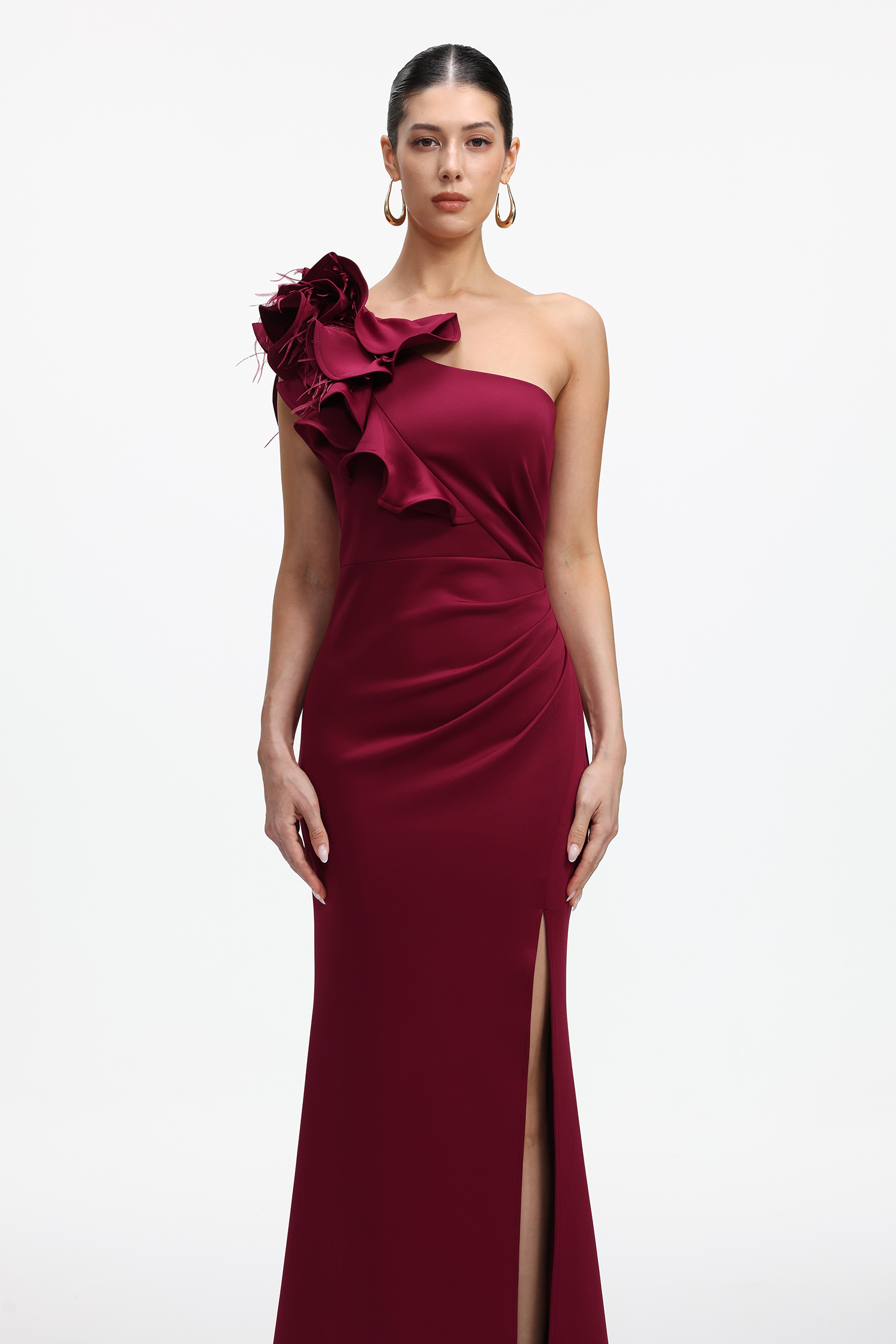 Mishell Romantic Contour One Shoulder Floral Pleated Maxi Dress