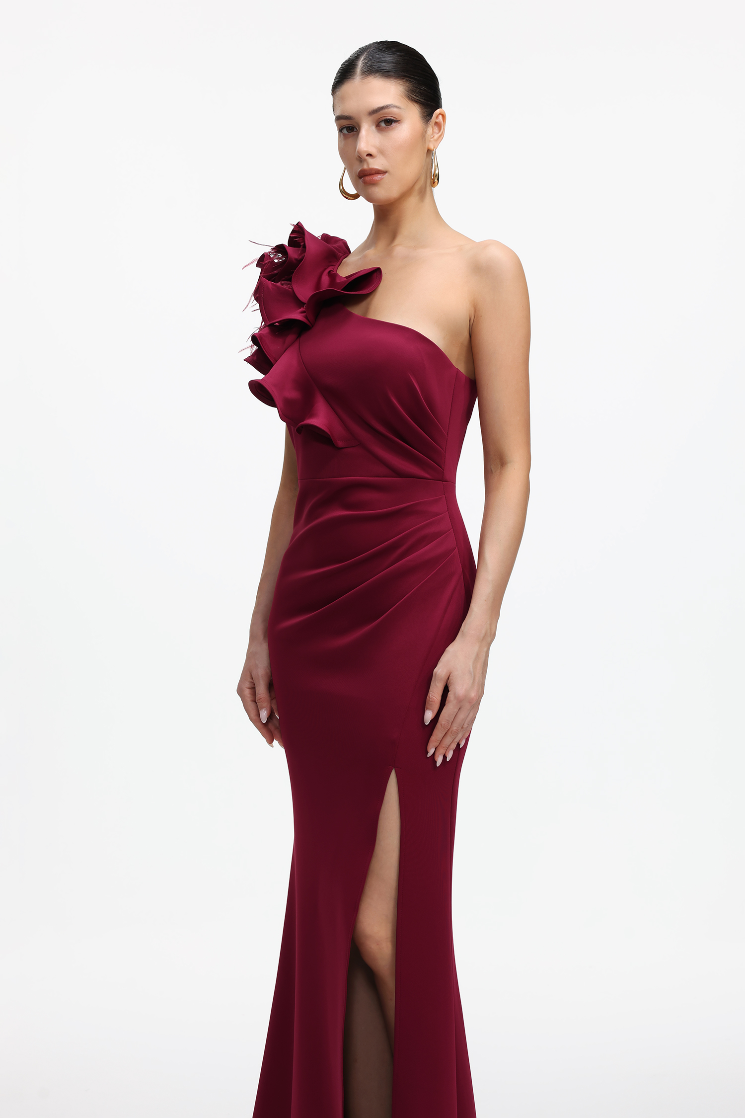 Mishell Romantic Contour One Shoulder Floral Pleated Maxi Dress