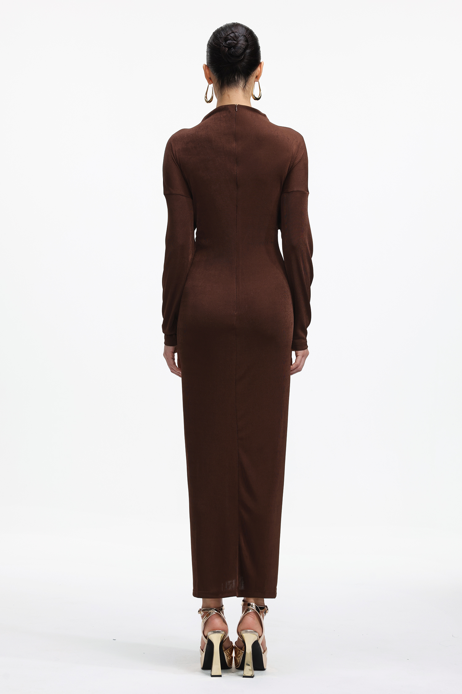 Tadita Elegant Contour Long Sleeve Metal Buckle Knit Maxi Dress