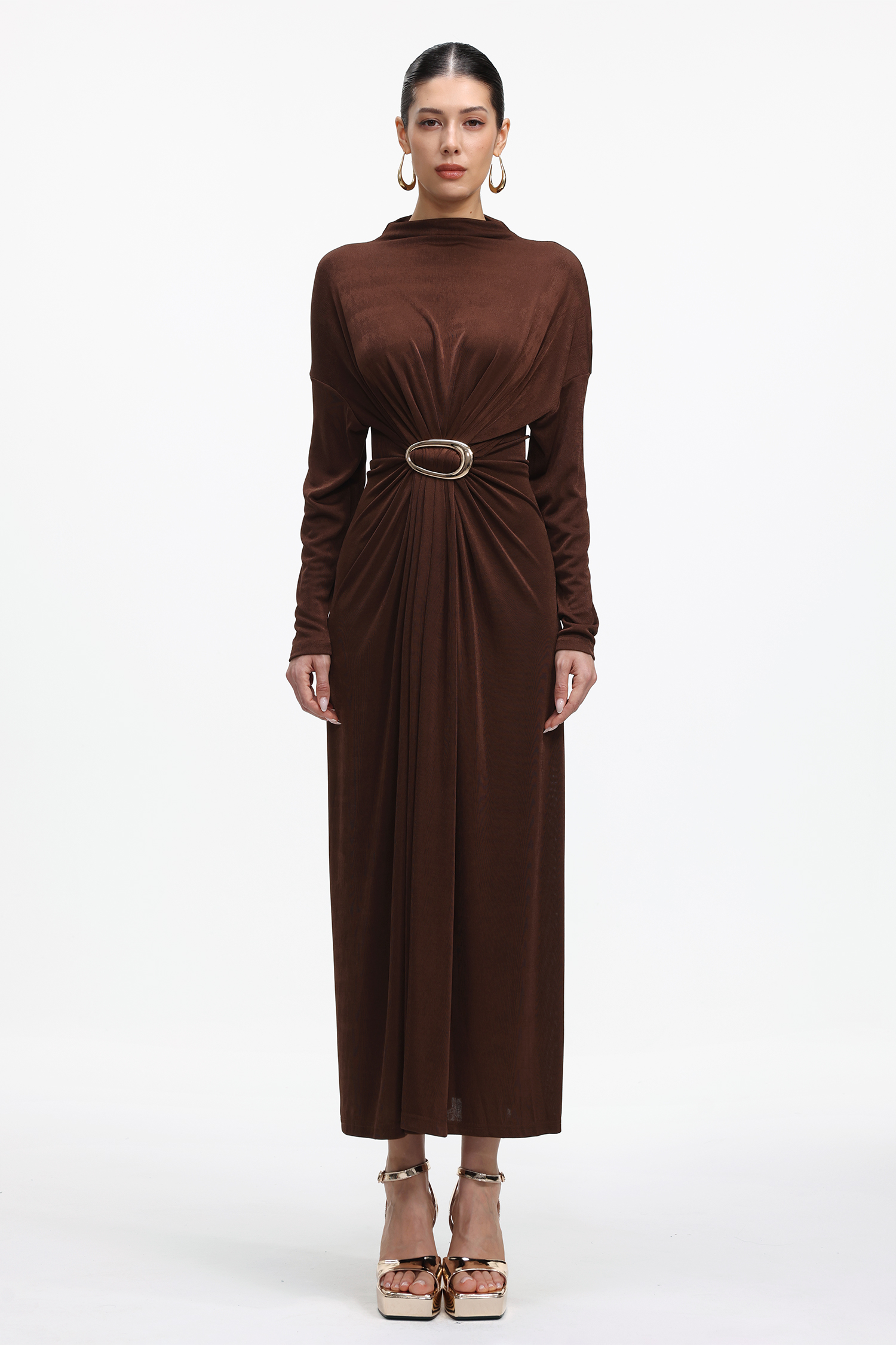 Tadita Elegant Contour Long Sleeve Metal Buckle Knit Maxi Dress