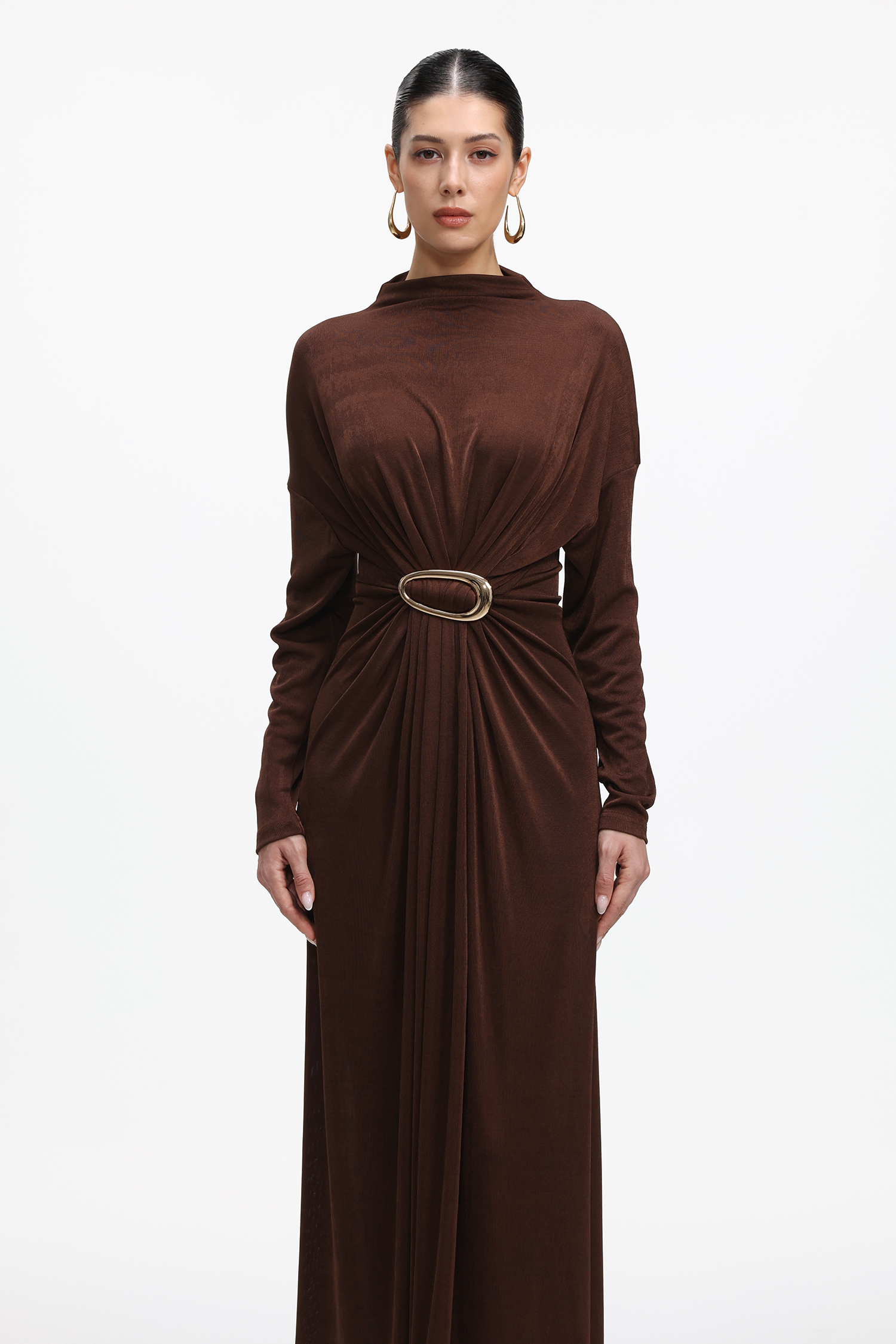 Tadita Elegant Contour Long Sleeve Metal Buckle Knit Maxi Dress
