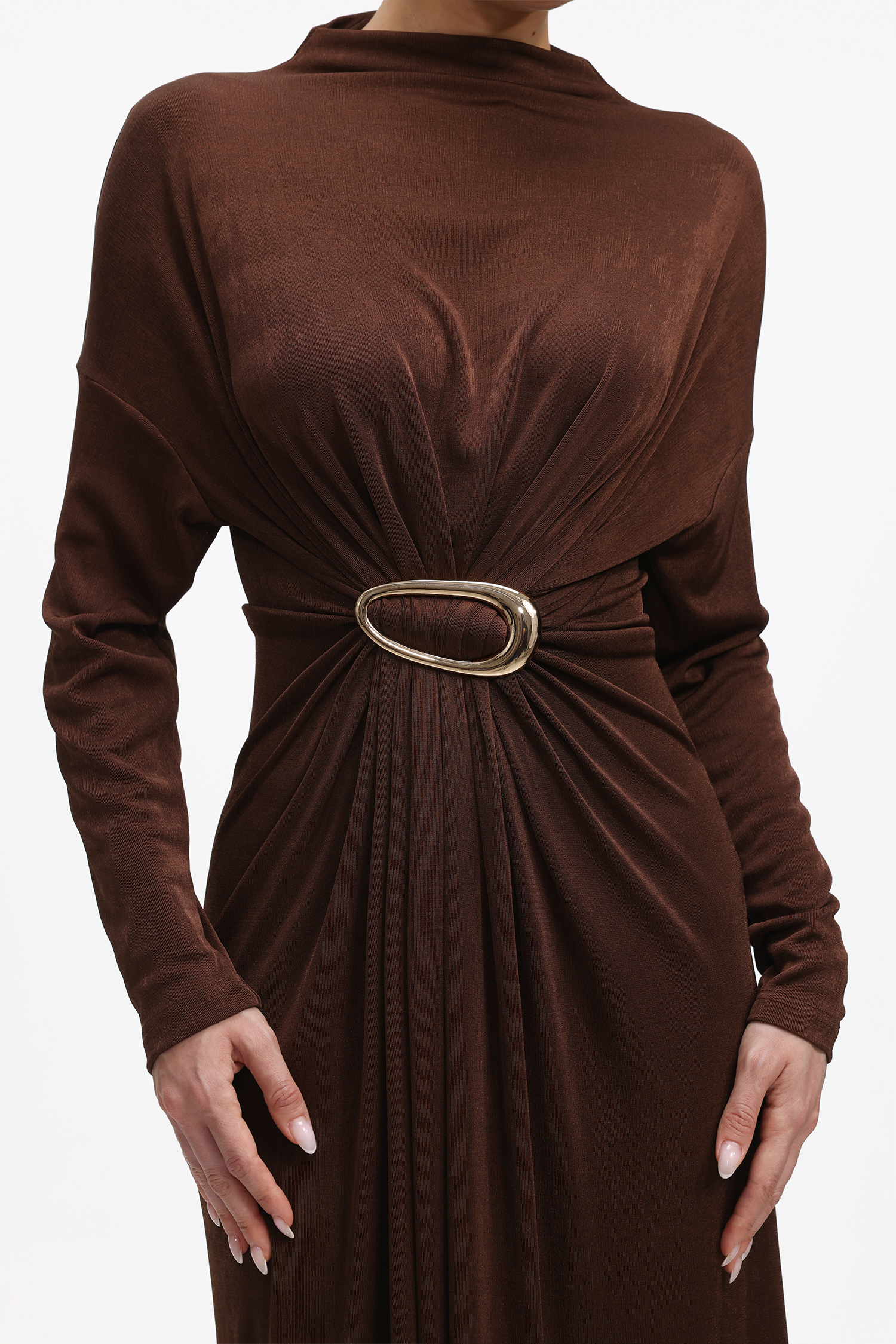 Tadita Elegant Contour Long Sleeve Metal Buckle Knit Maxi Dress