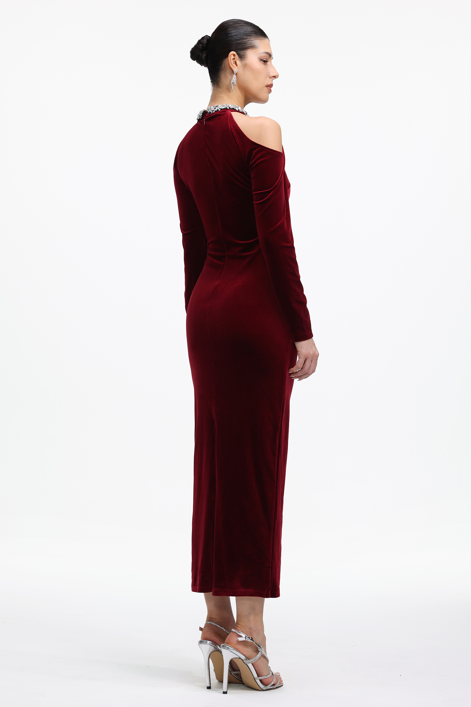 Dolcie Elegant Tailored Long Sleeve Cut Out Rhinestone Velvet Maxi Dress