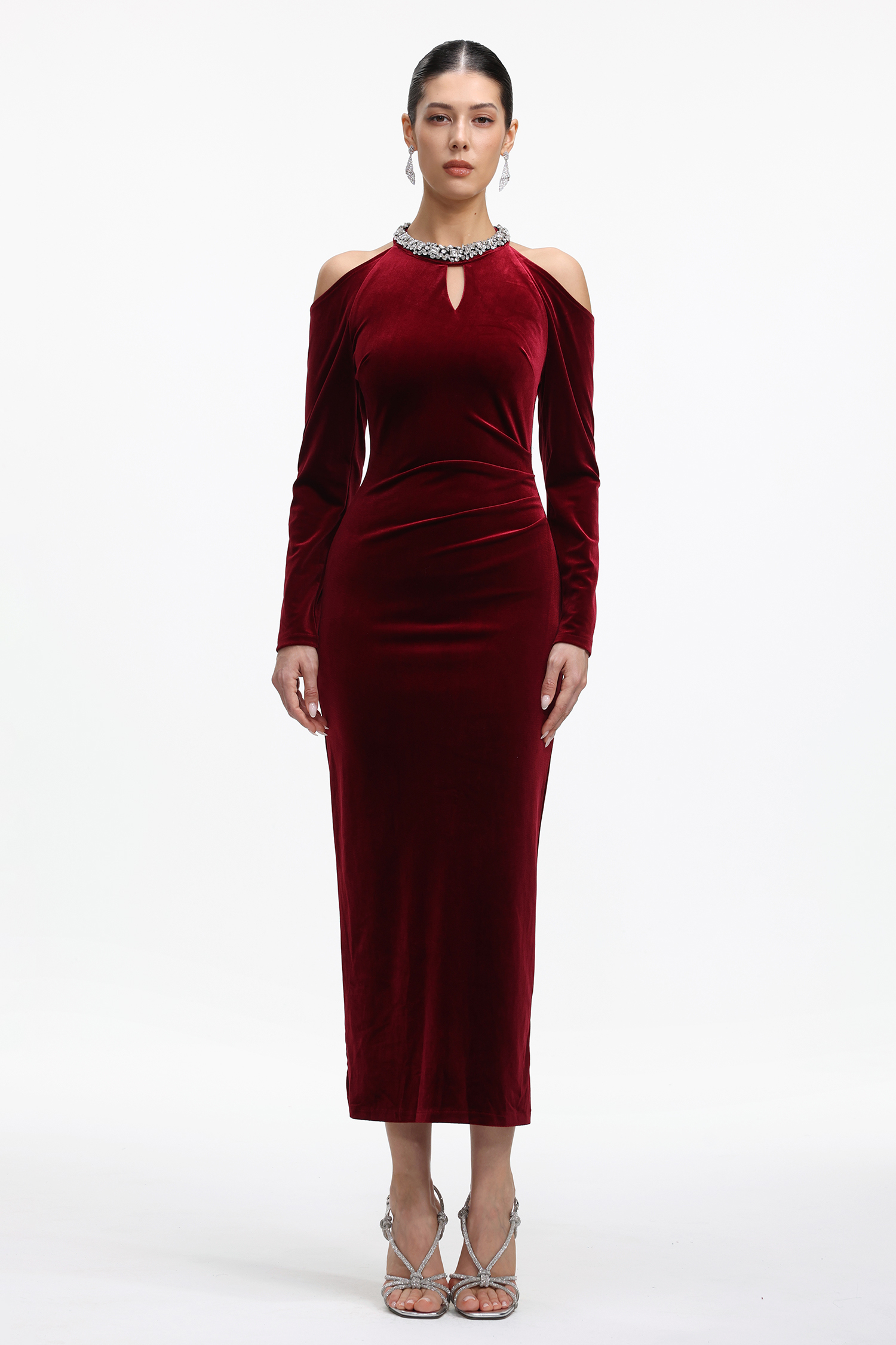 Dolcie Elegant Tailored Long Sleeve Cut Out Rhinestone Velvet Maxi Dress