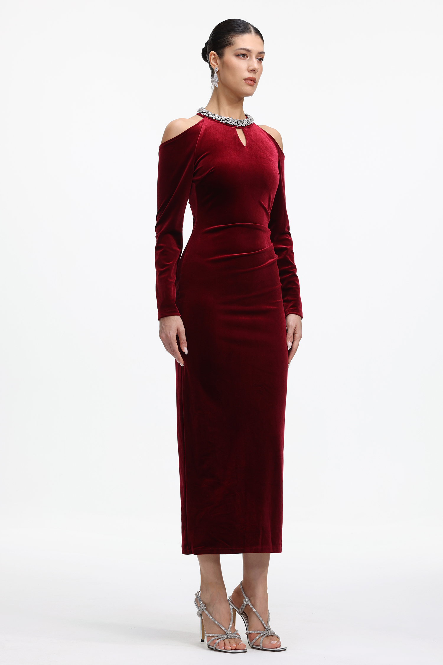 Dolcie Elegant Tailored Long Sleeve Cut Out Rhinestone Velvet Maxi Dress