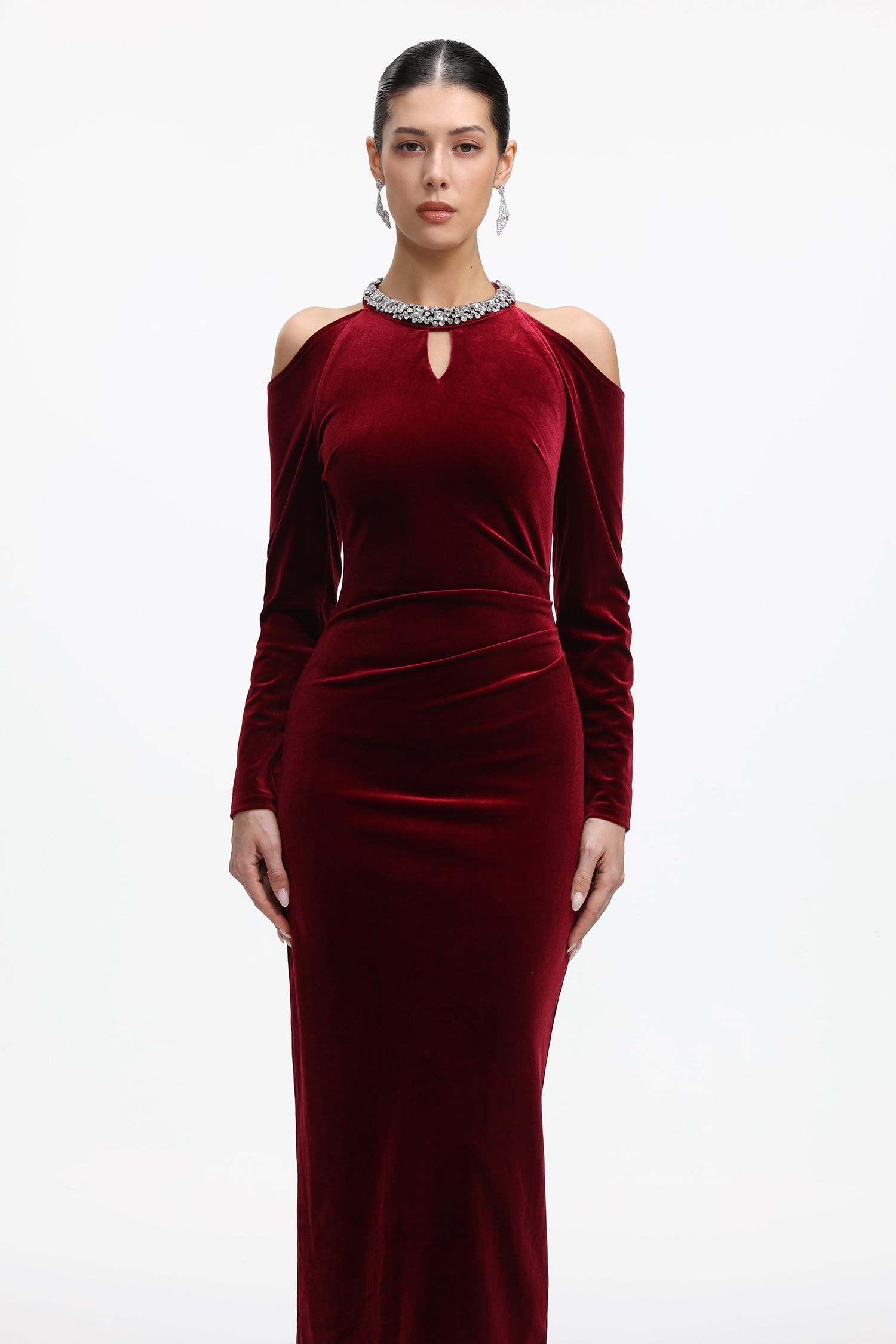 Dolcie Elegant Tailored Long Sleeve Cut Out Rhinestone Velvet Maxi Dress