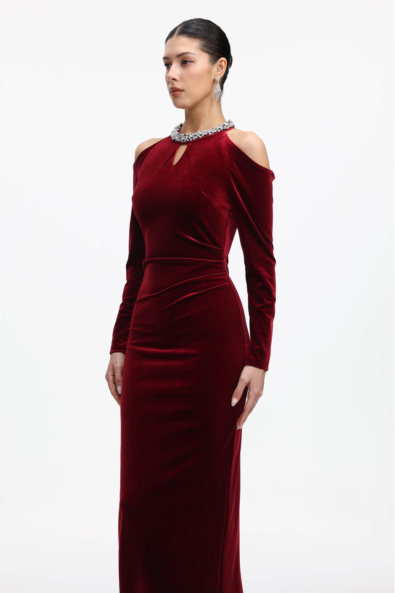 Dolcie Elegant Tailored Long Sleeve Cut Out Rhinestone Velvet Maxi Dress