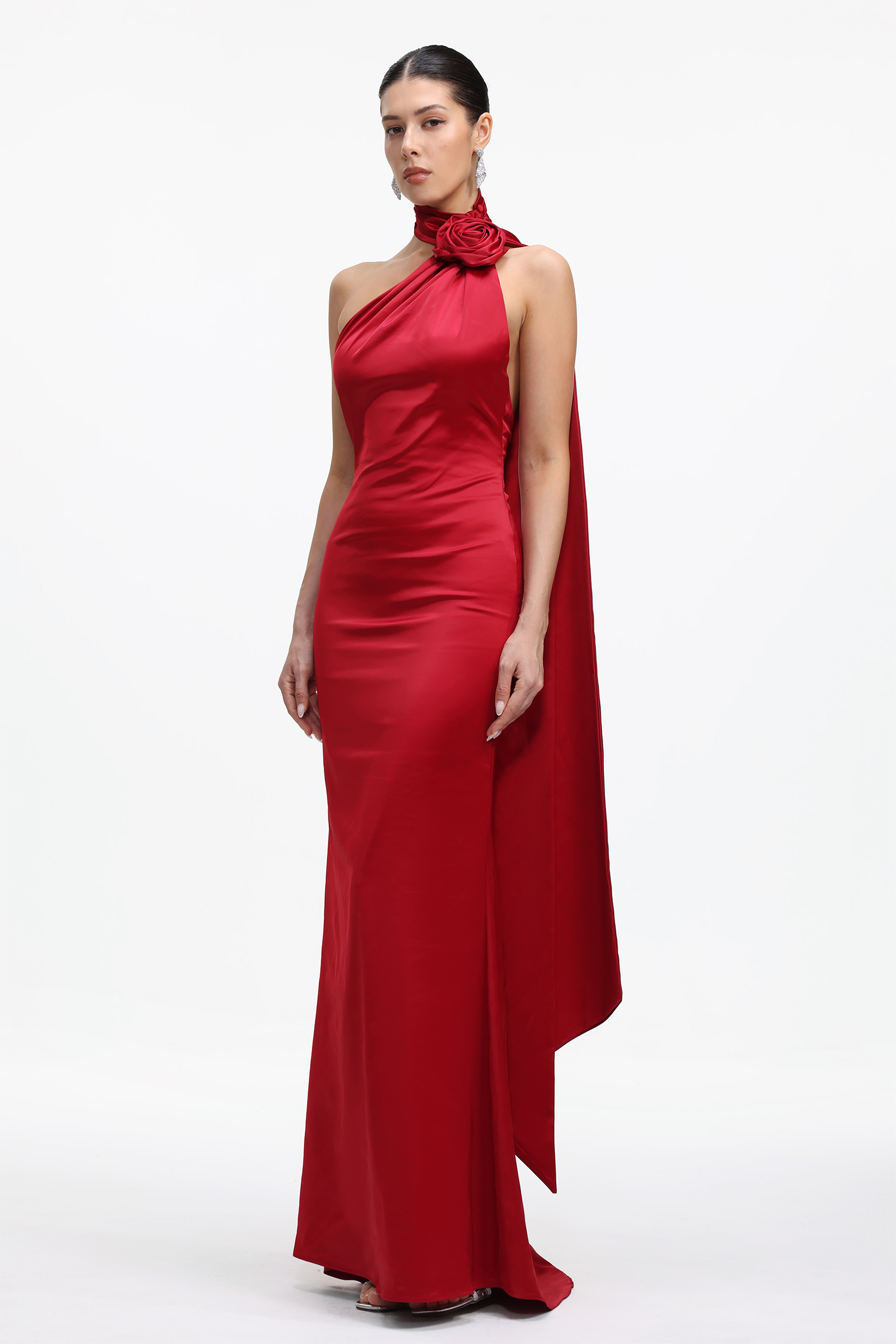 Polasa Romantic Contour Halter Floral Satin Maxi Dress