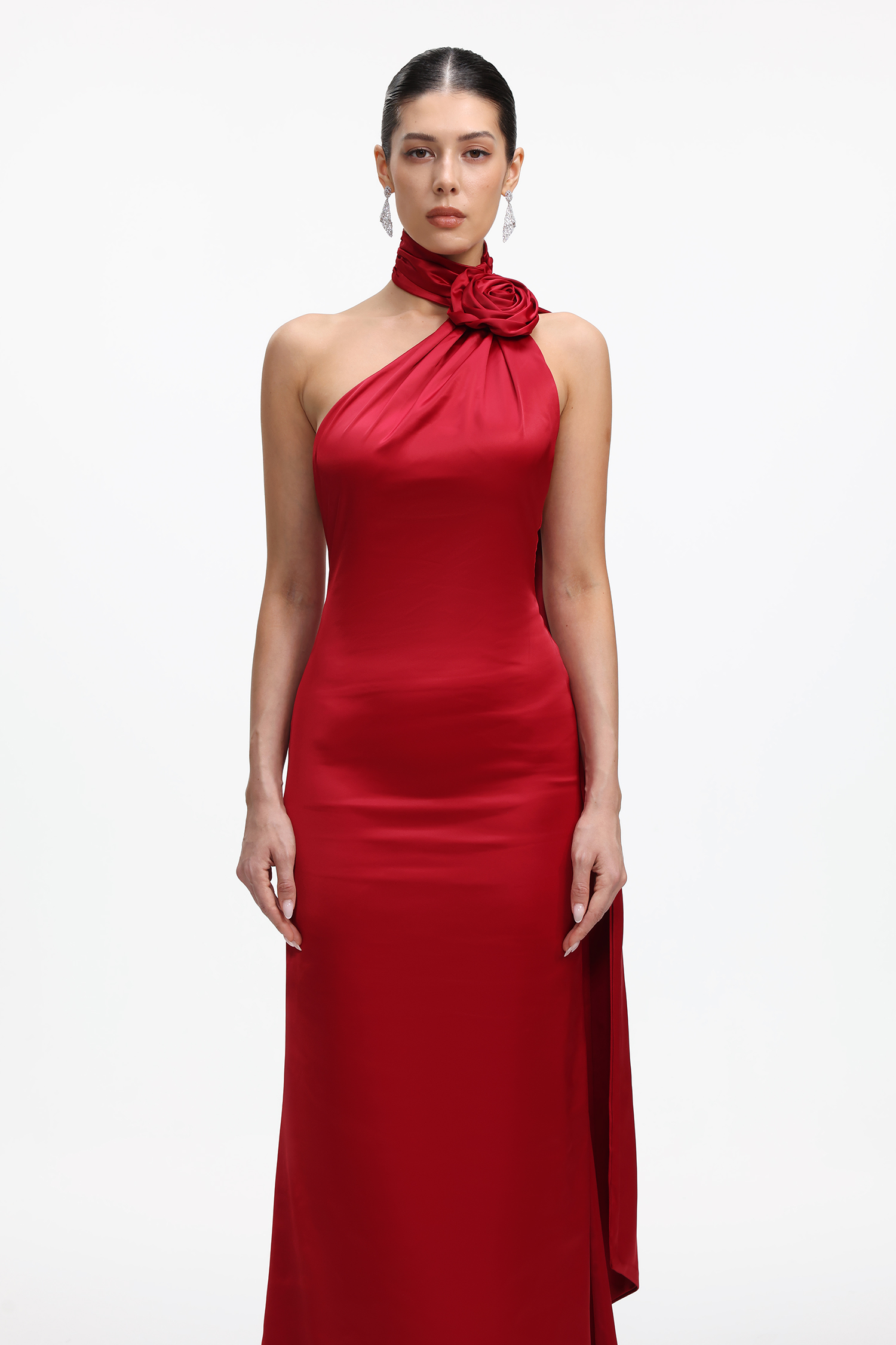 Polasa Romantic Contour Halter Floral Satin Maxi Dress