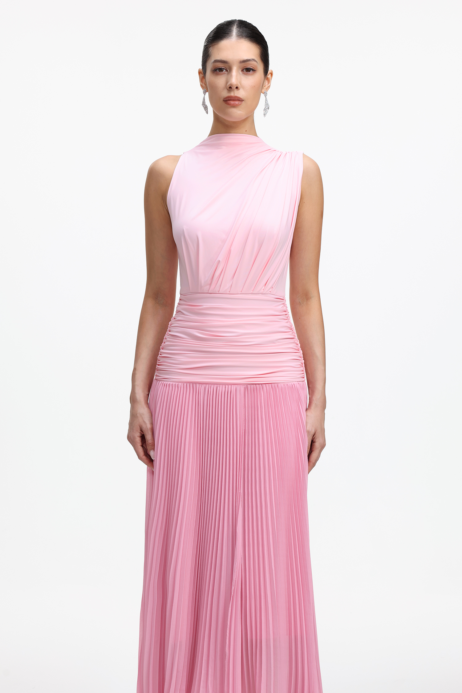 Derlyn Romantic Contour Sleeveless Pleated Knit Maxi Dress