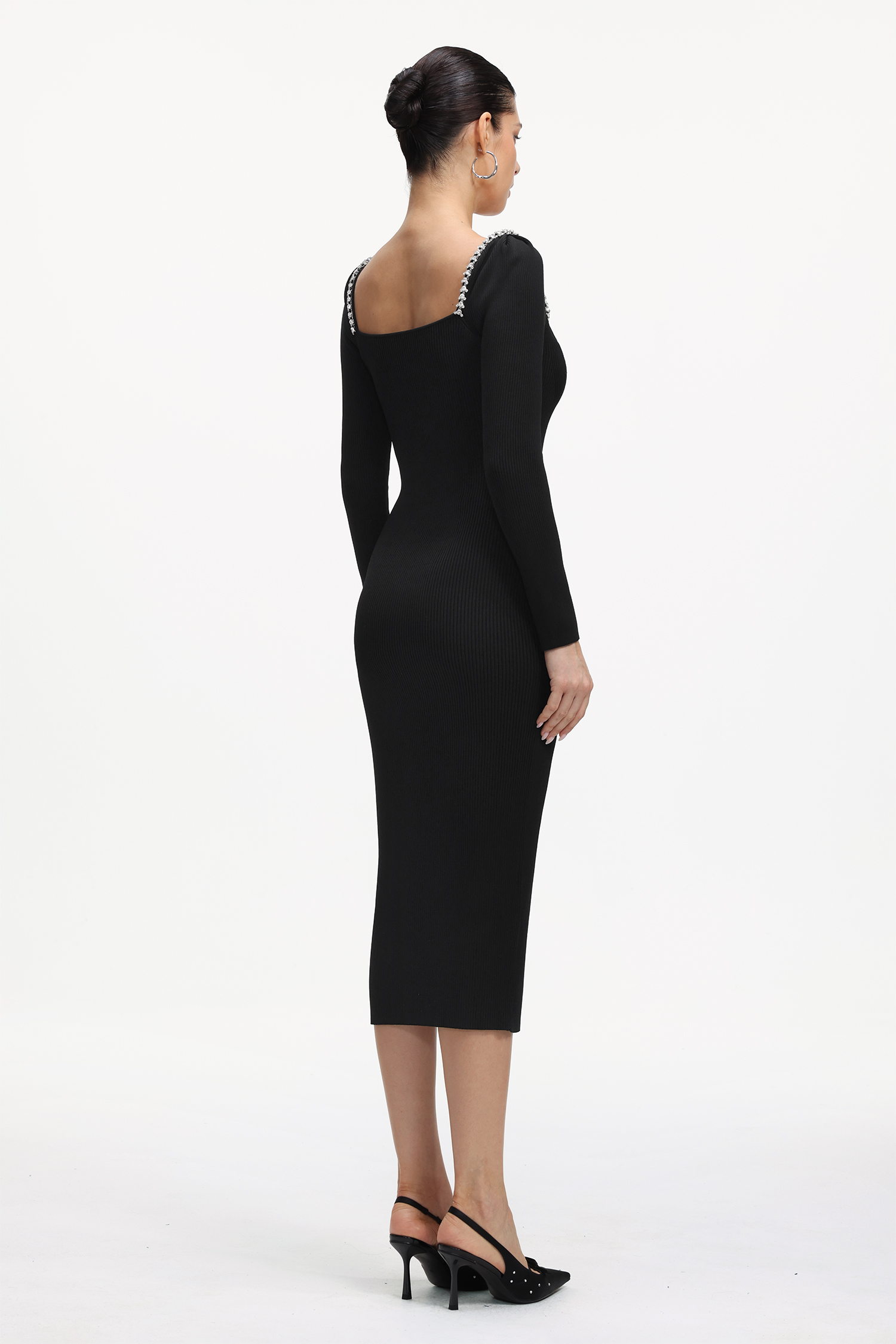 Dazie Classic Contour Long Sleeve Rhinestone Knit Maxi Dress