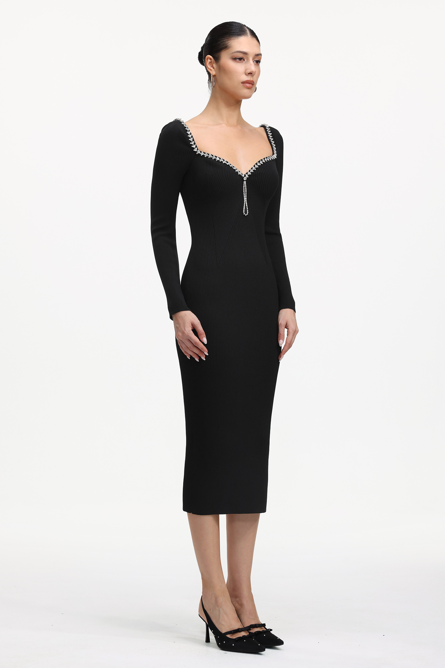 Dazie Classic Contour Long Sleeve Rhinestone Knit Maxi Dress