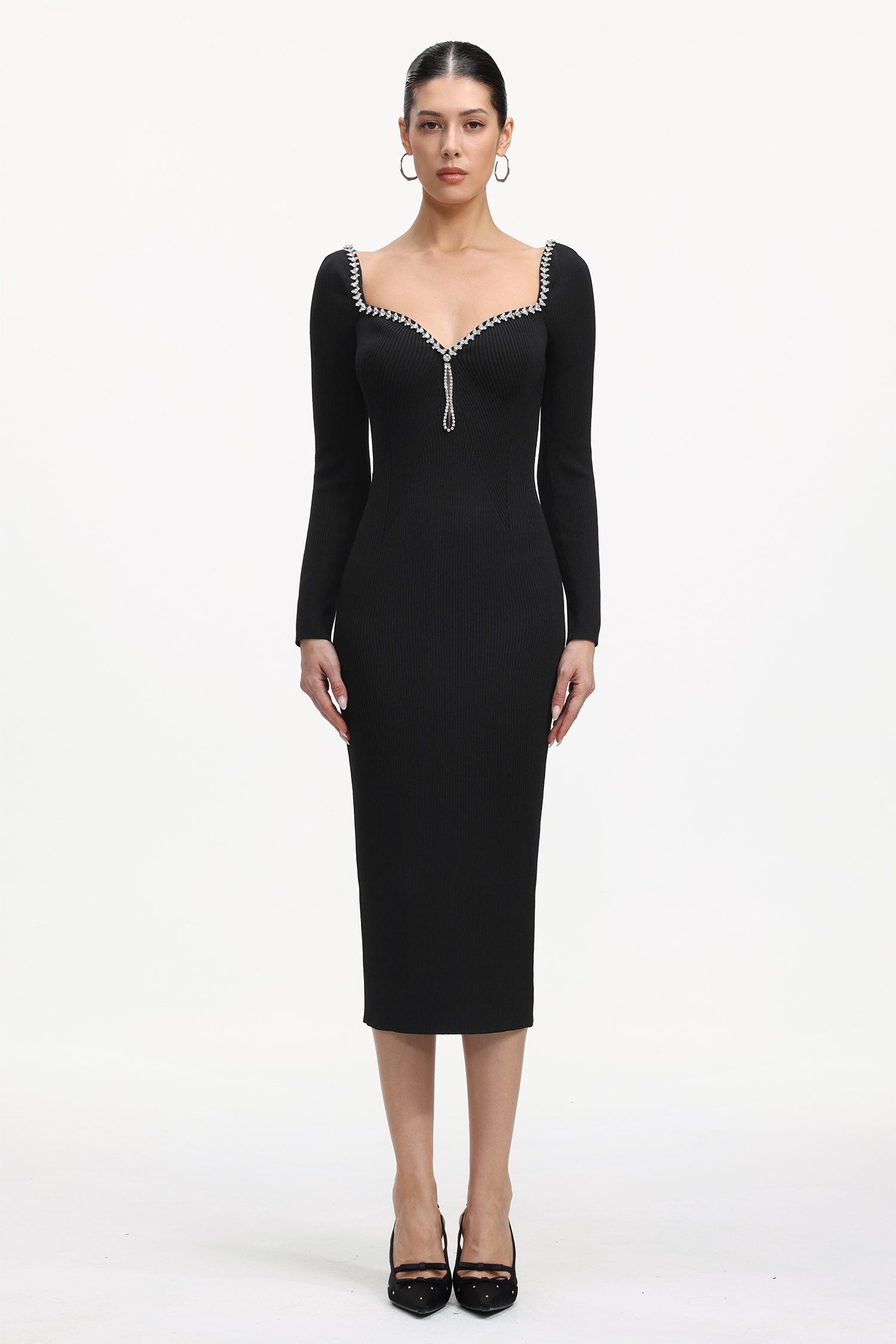 Dazie Classic Contour Long Sleeve Rhinestone Knit Maxi Dress