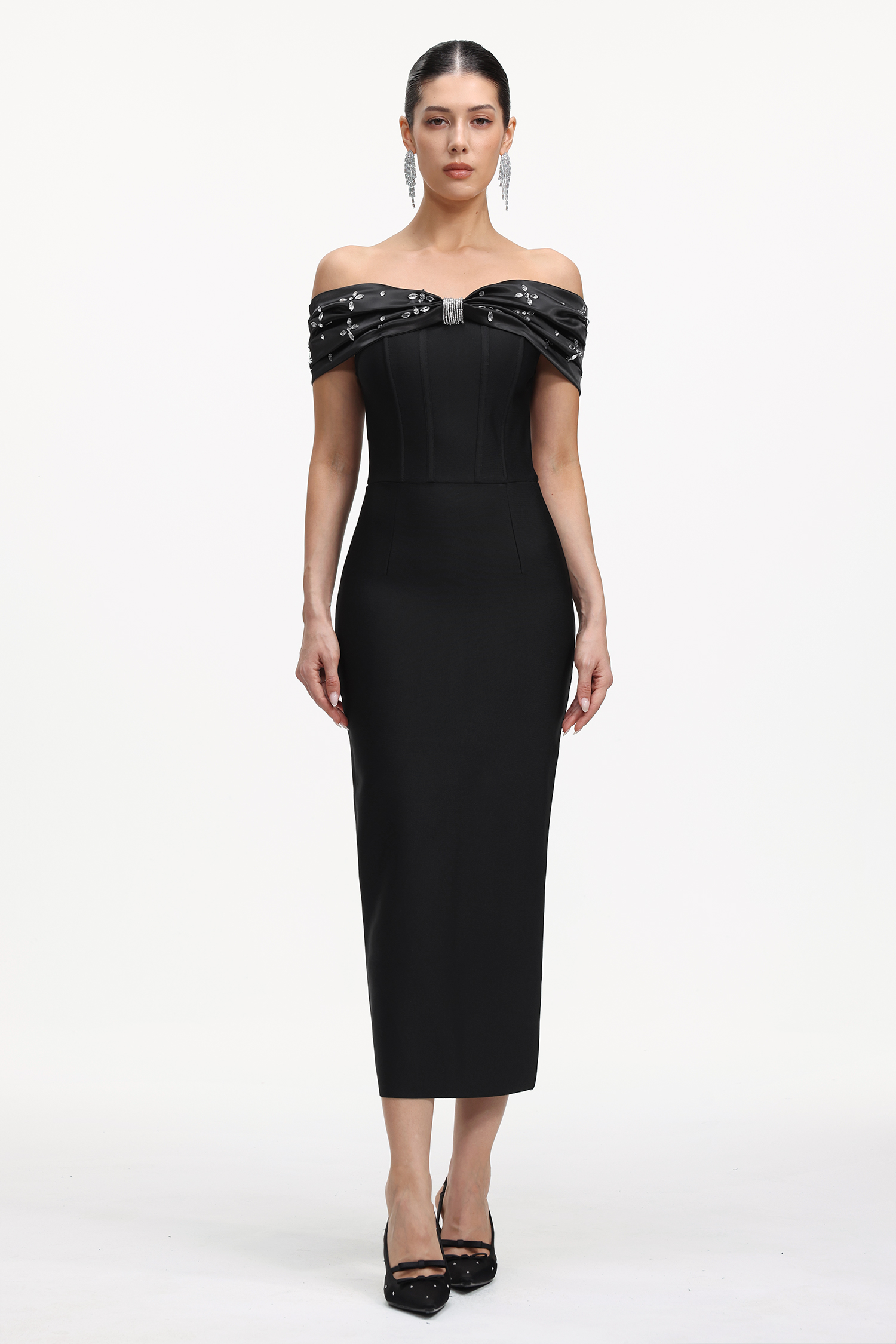 Lilya Elegant Contour Off Shoulder Rhinestone Bandage Maxi Dress