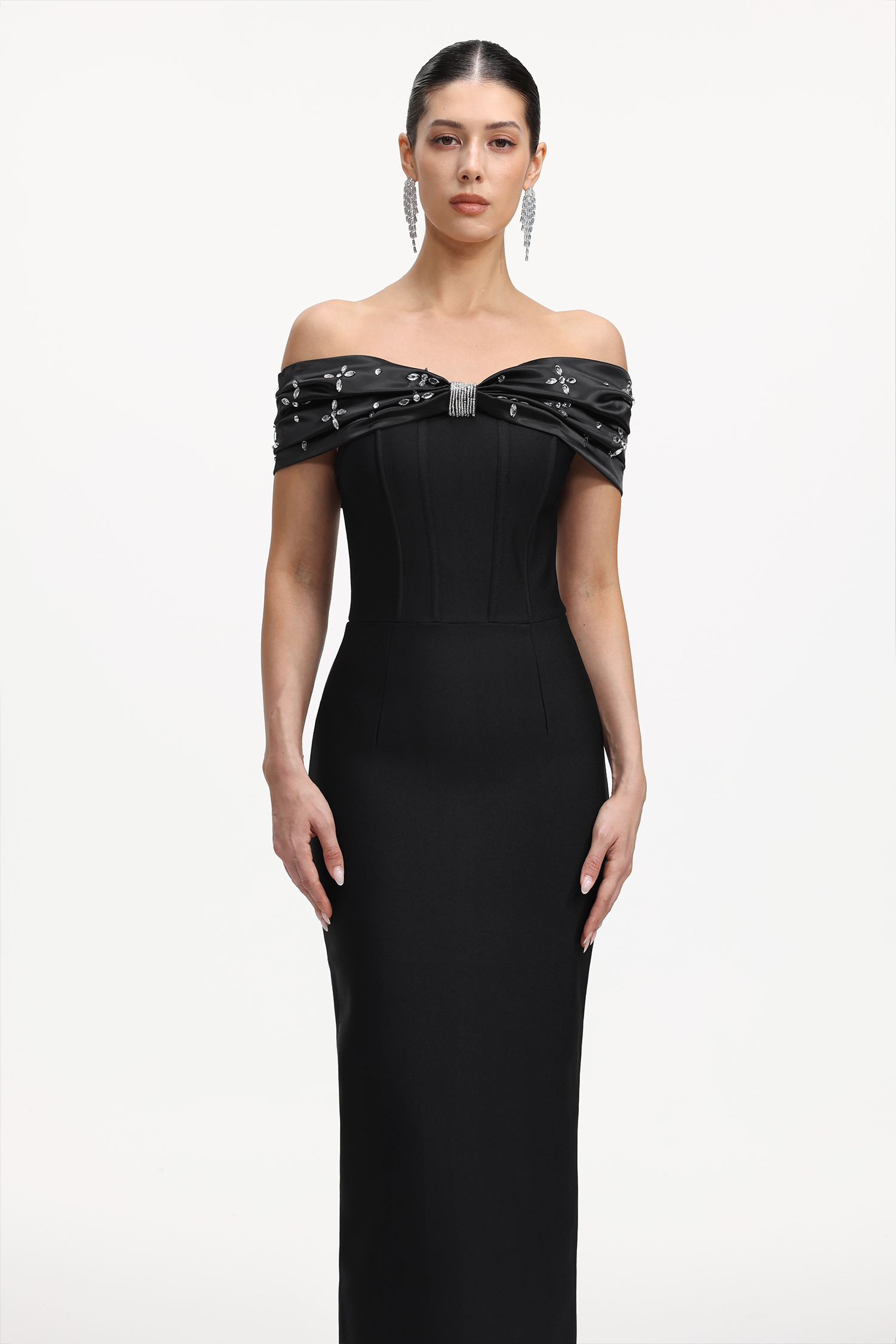 Lilya Elegant Contour Off Shoulder Rhinestone Bandage Maxi Dress