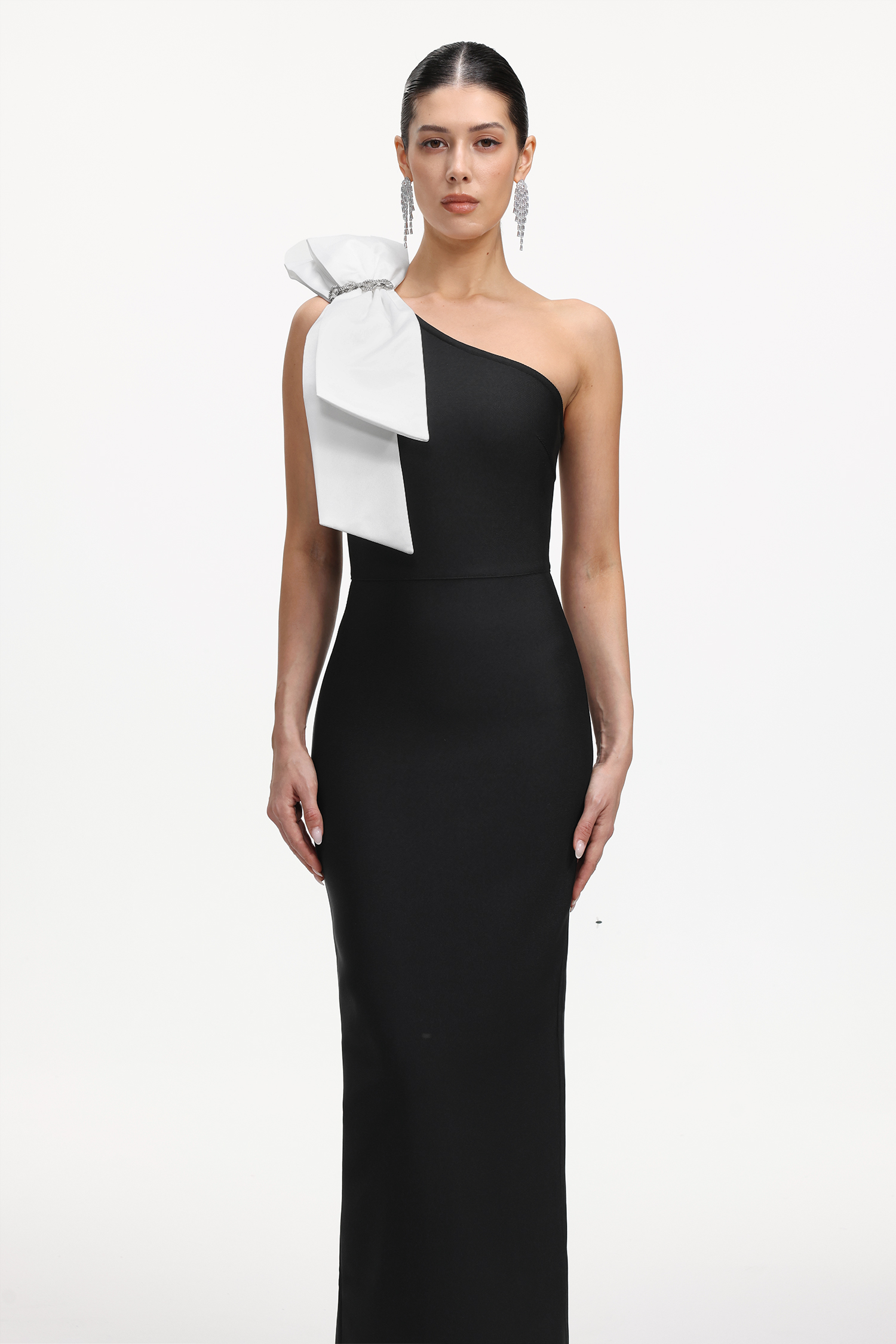 Yamaly Classic Contour One Shoulder Bow Bandage Maxi Dress